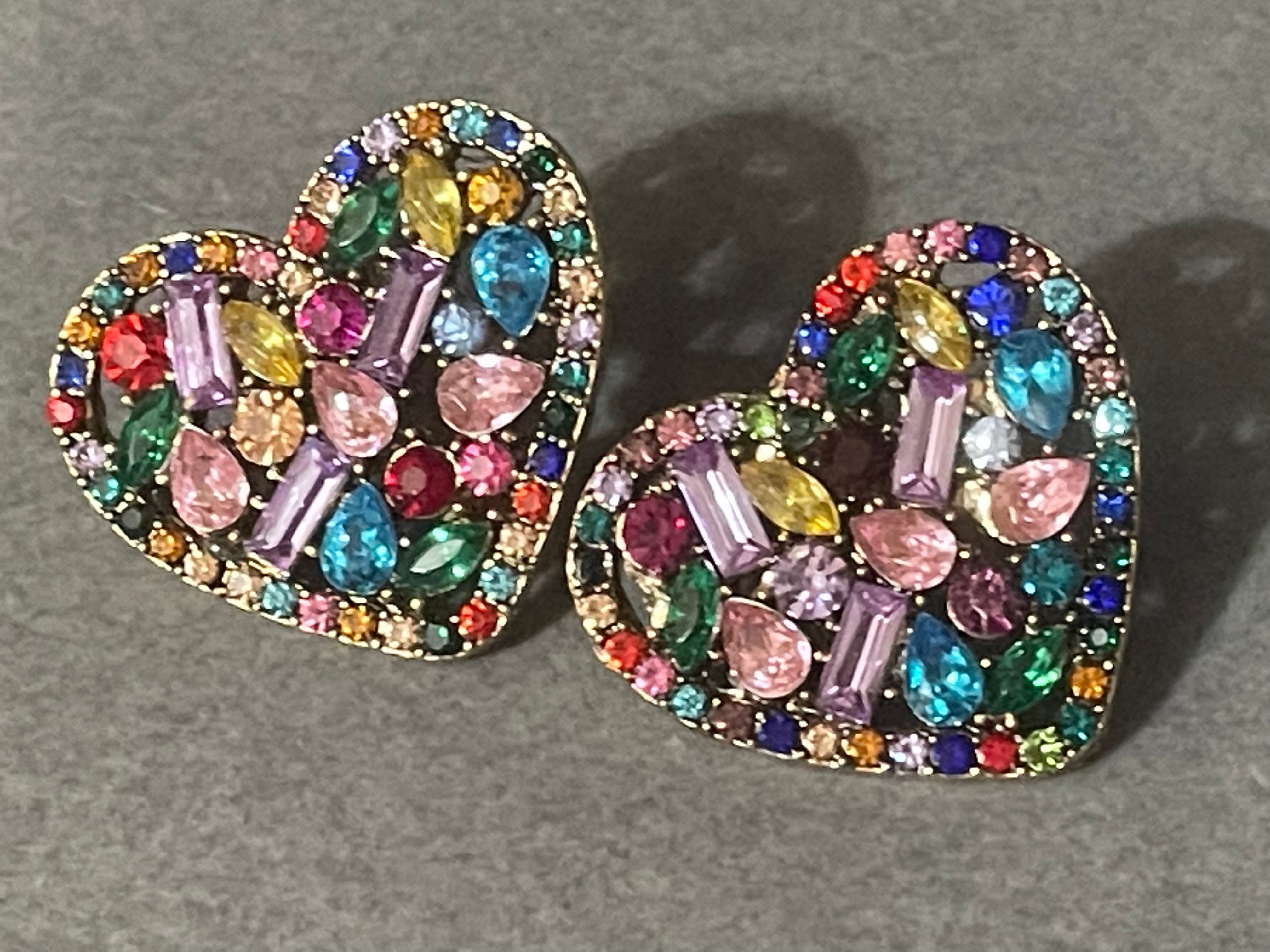 Large bright rainbow diamanté Crystal love heart earrings