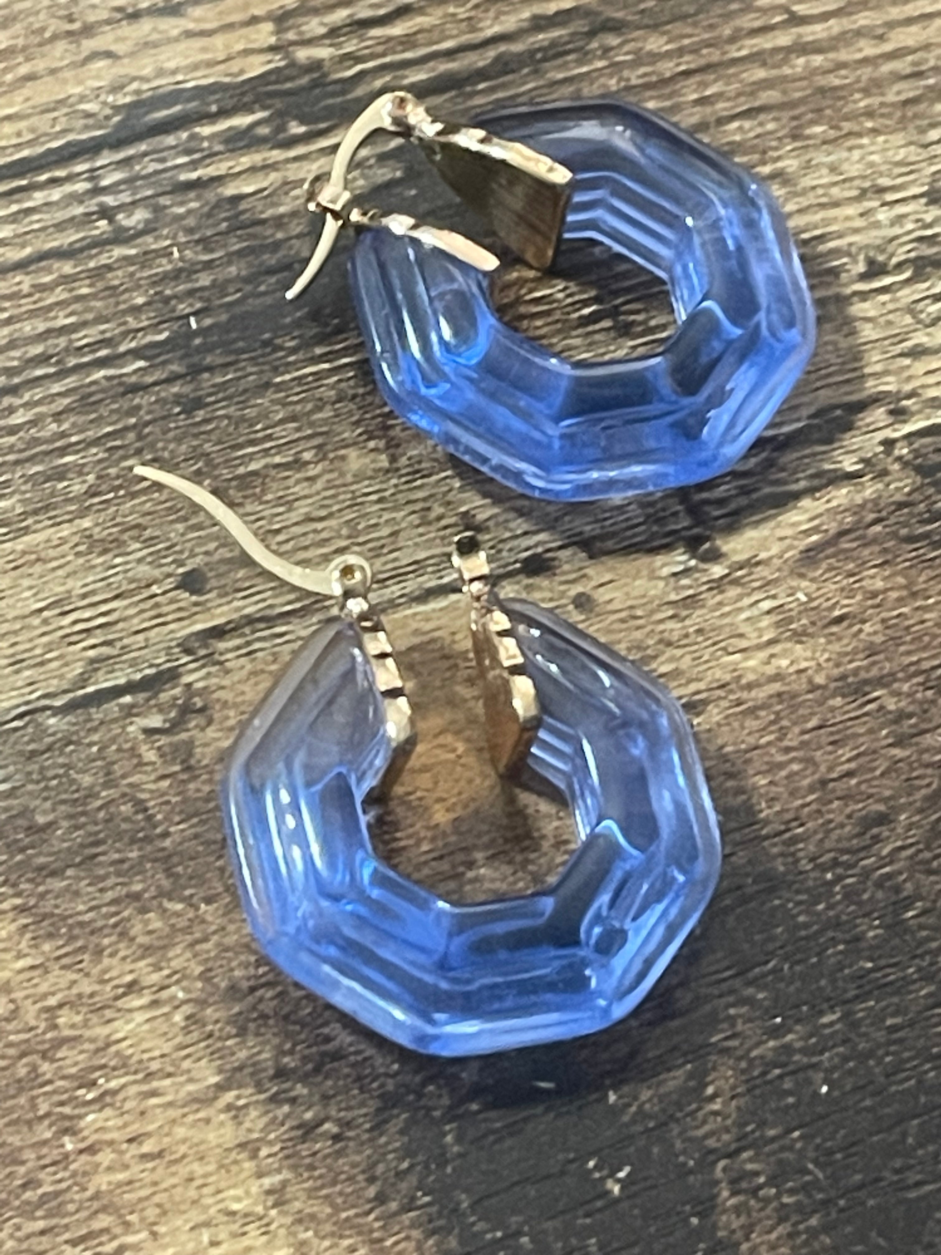 Octagonal blue clear acrylic gold tone hoop earrings