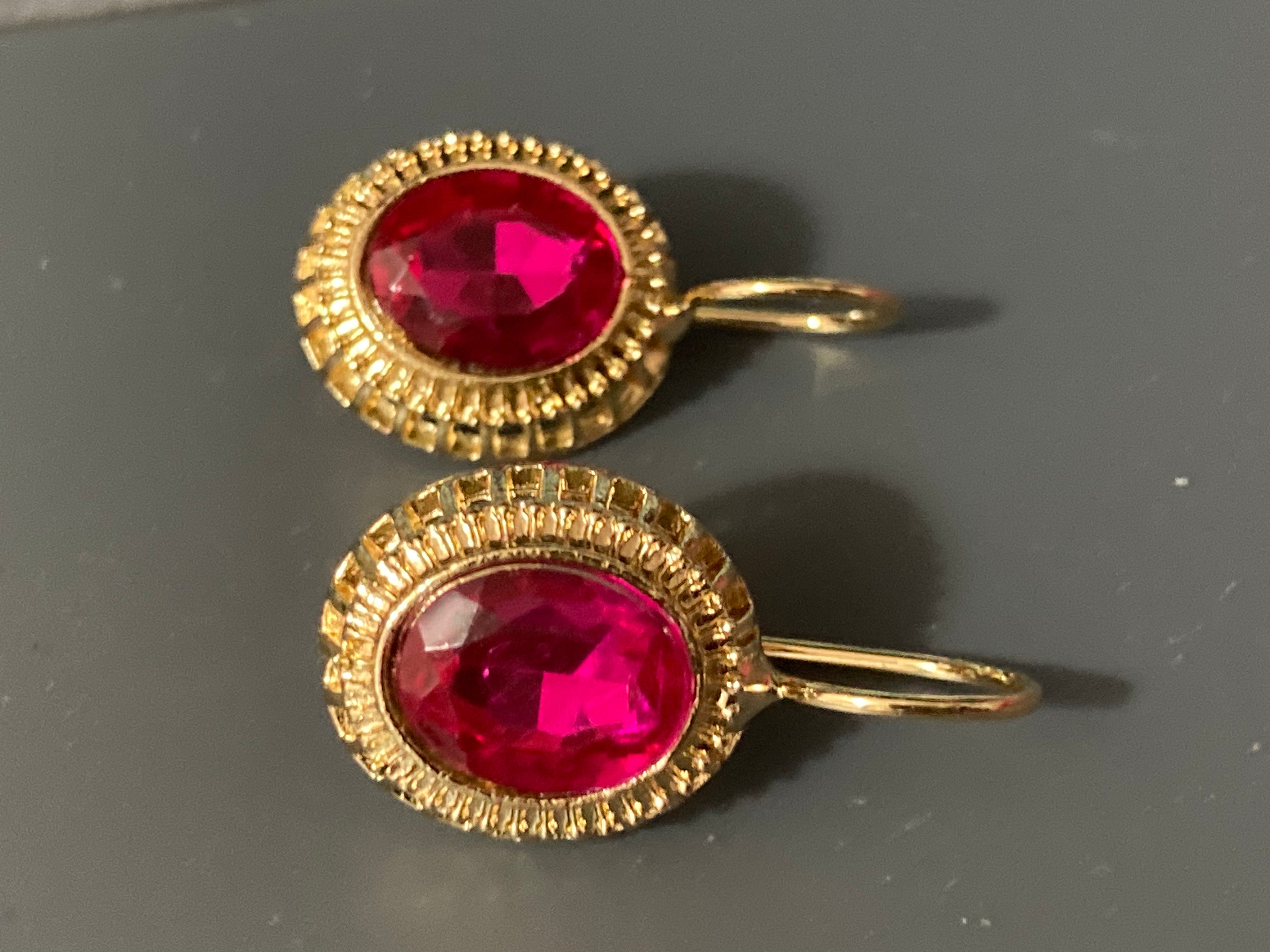 Gold tone hot pink glass diamanté drop earrings Victorian style