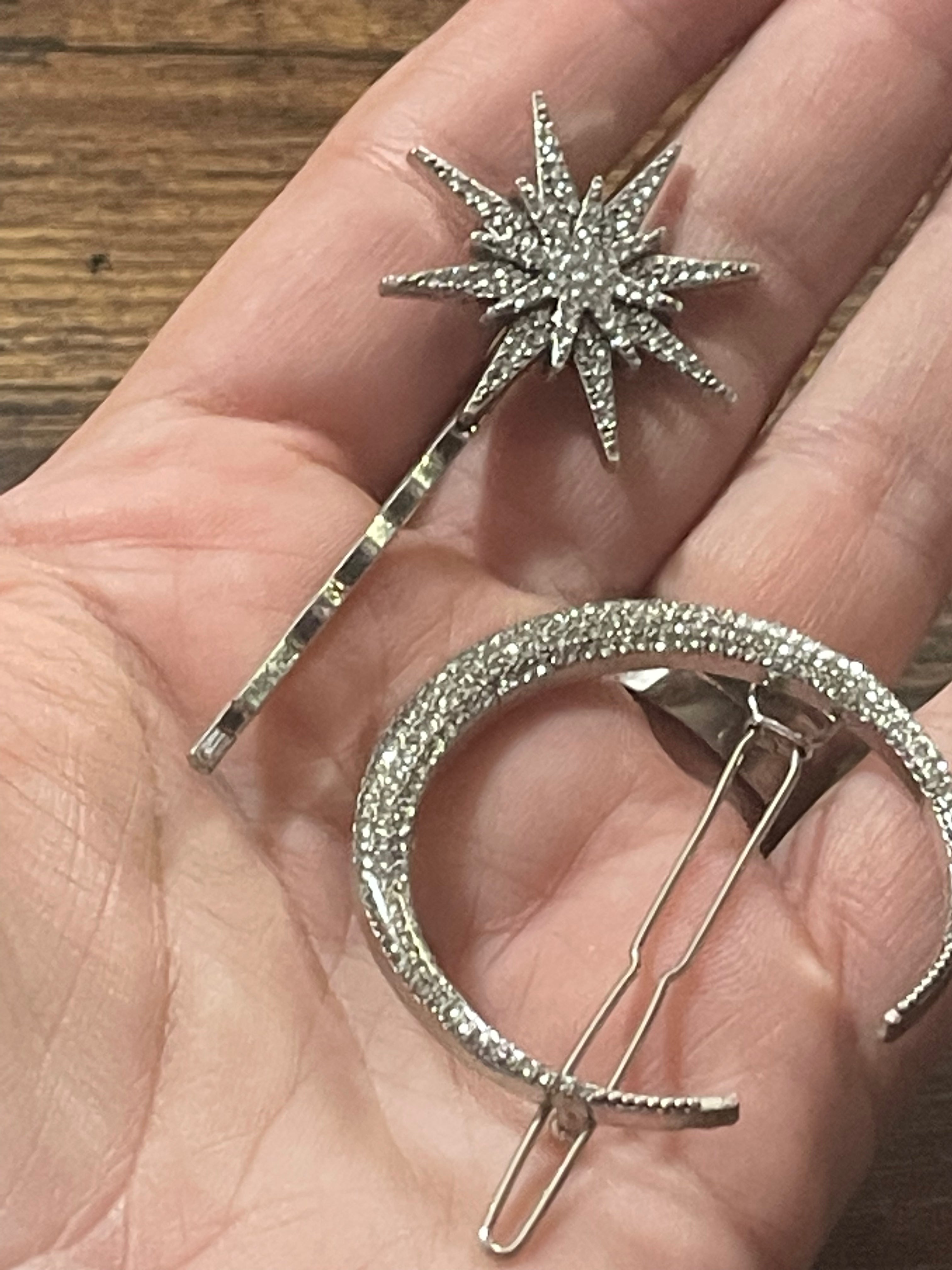 Star and moon silver diamanté celestial hair clips