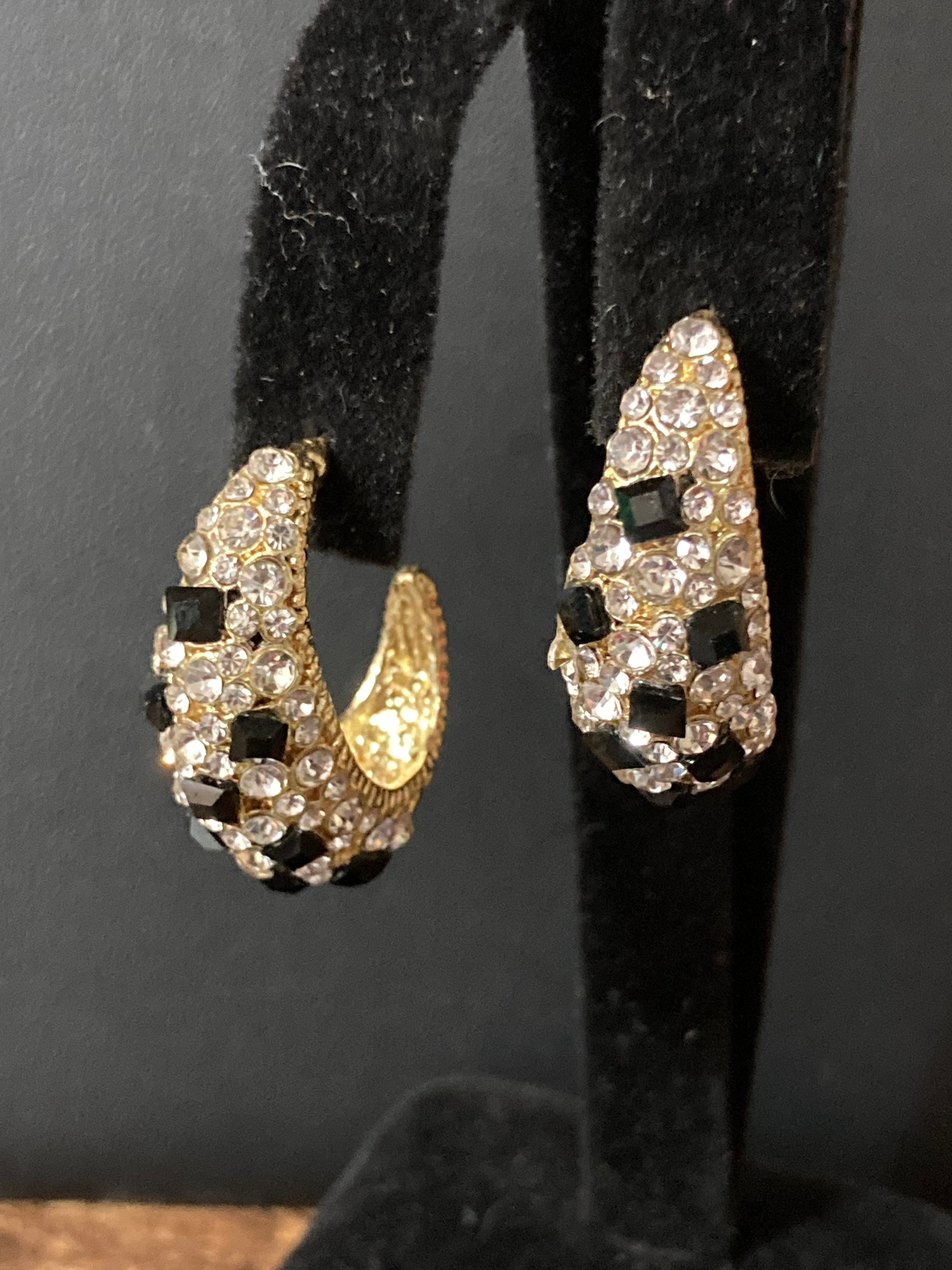 Black & clear diamanté Crystal gold half hoop earrings