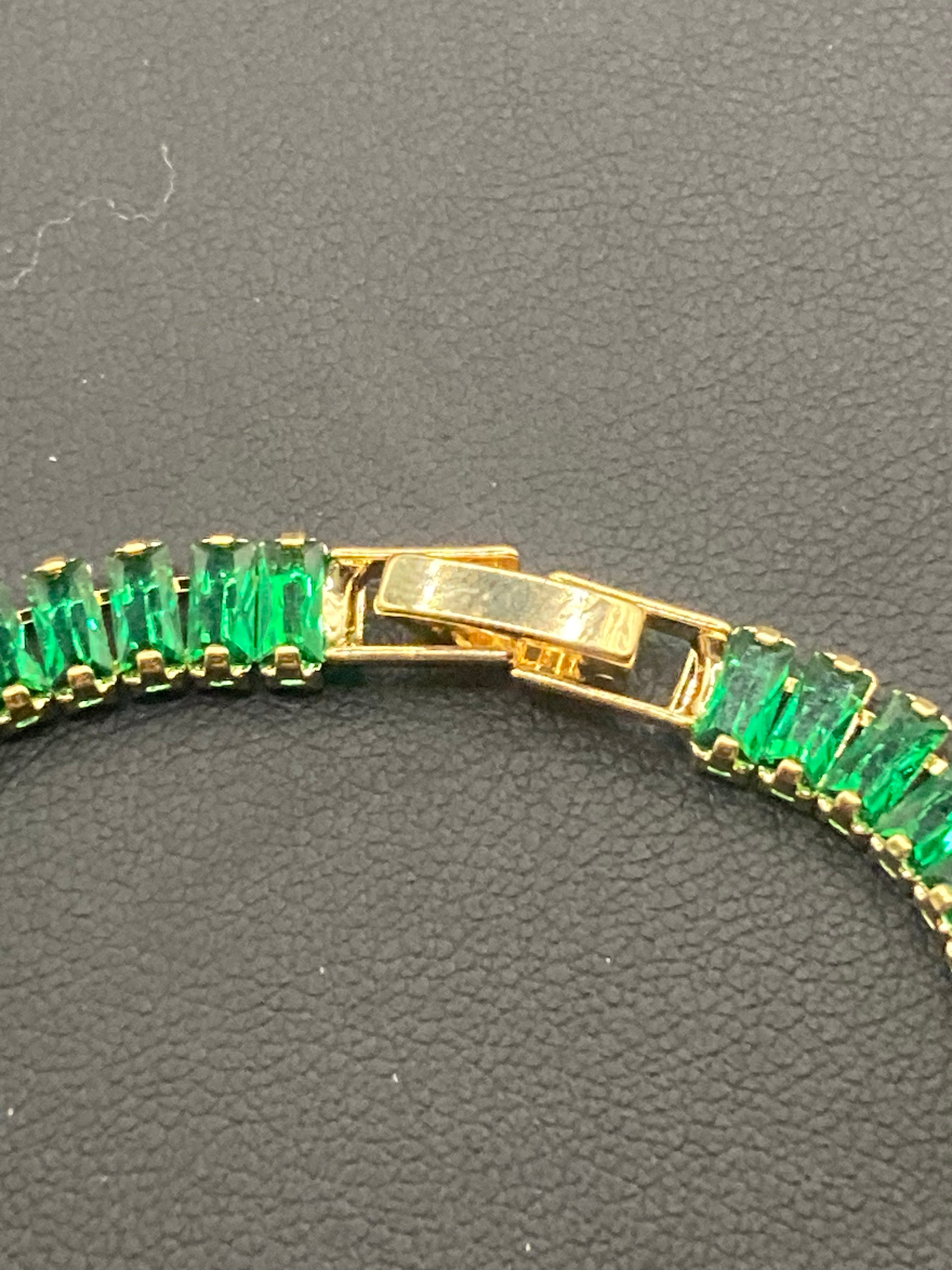 High End Emerald Green CZ tennis bracelet baguette Crystal diamanté gold plated