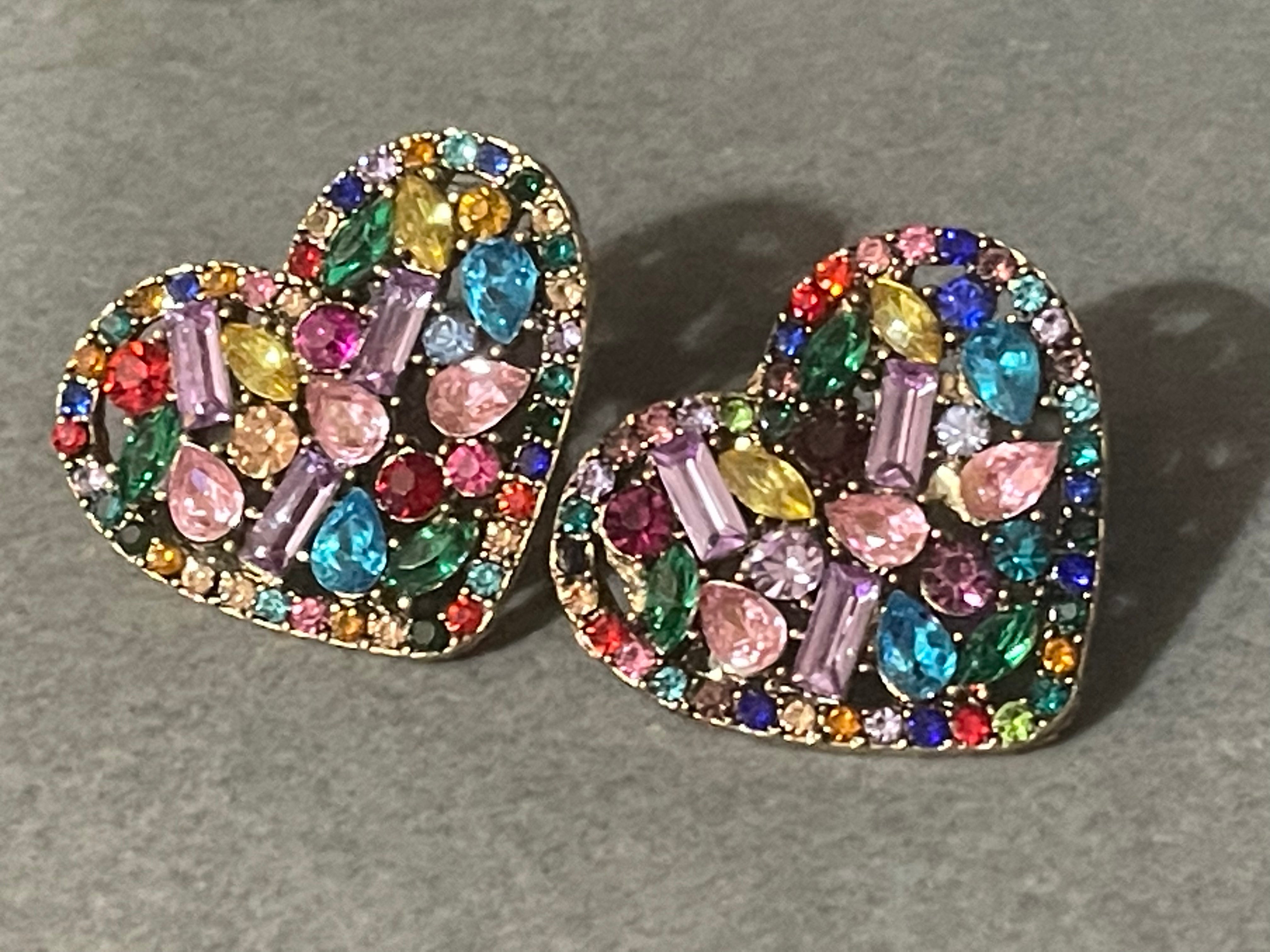 Large bright rainbow diamanté Crystal love heart earrings