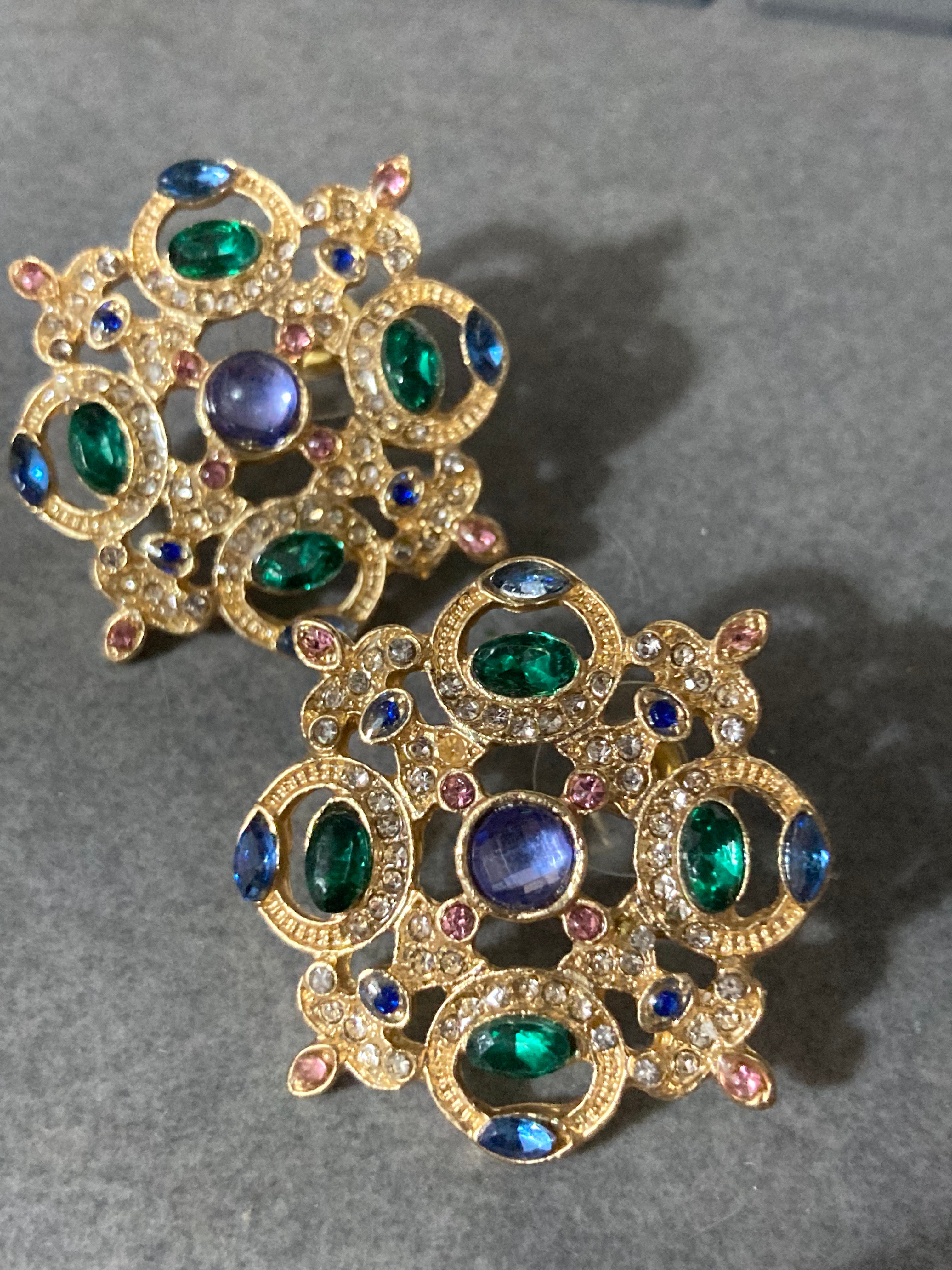 Oversized diamanté regal stud earrings purple green