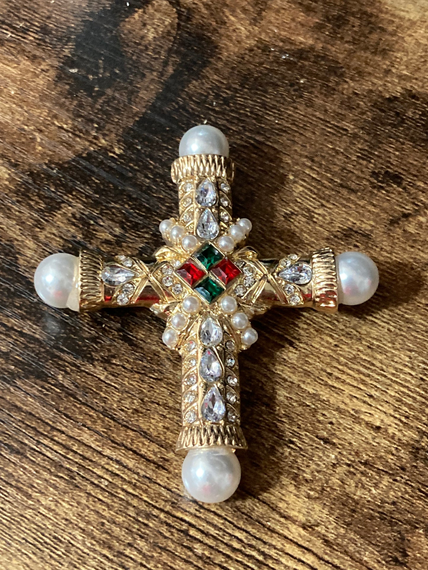 gold cross brooch and pendant with pearl and diamanté