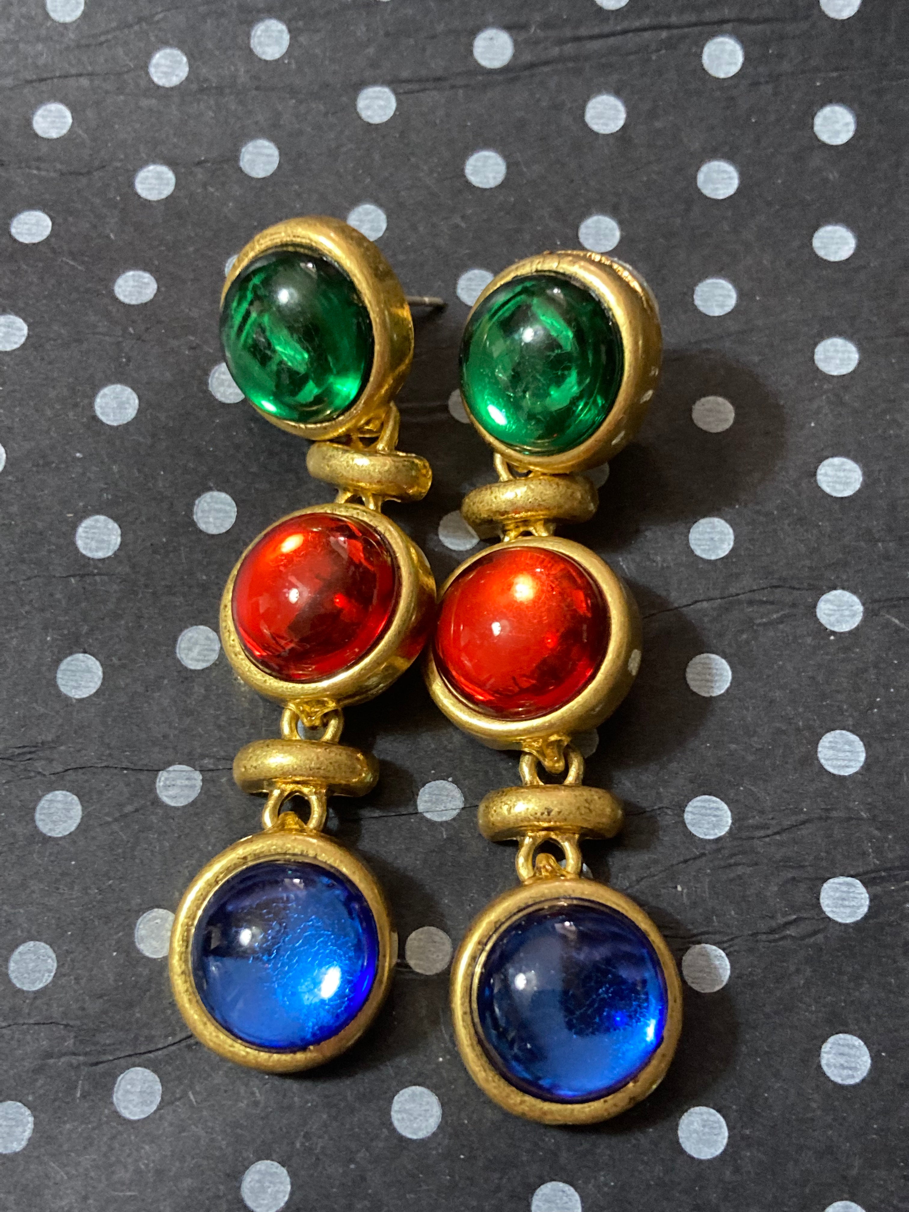 Gold gripoix style emerald ruby sapphire drop earrings