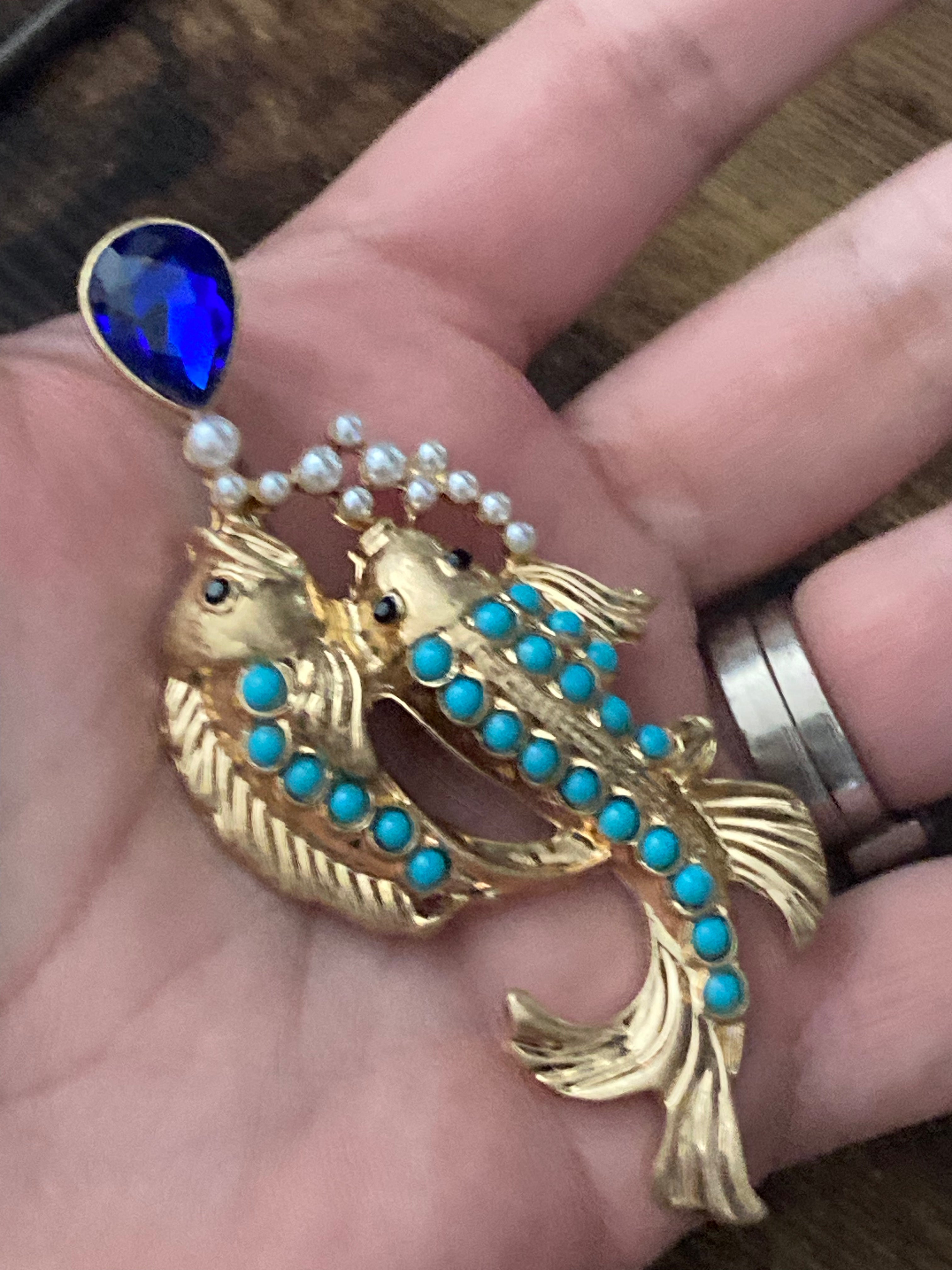 Oriental fish brooch with turquoise and diamanté