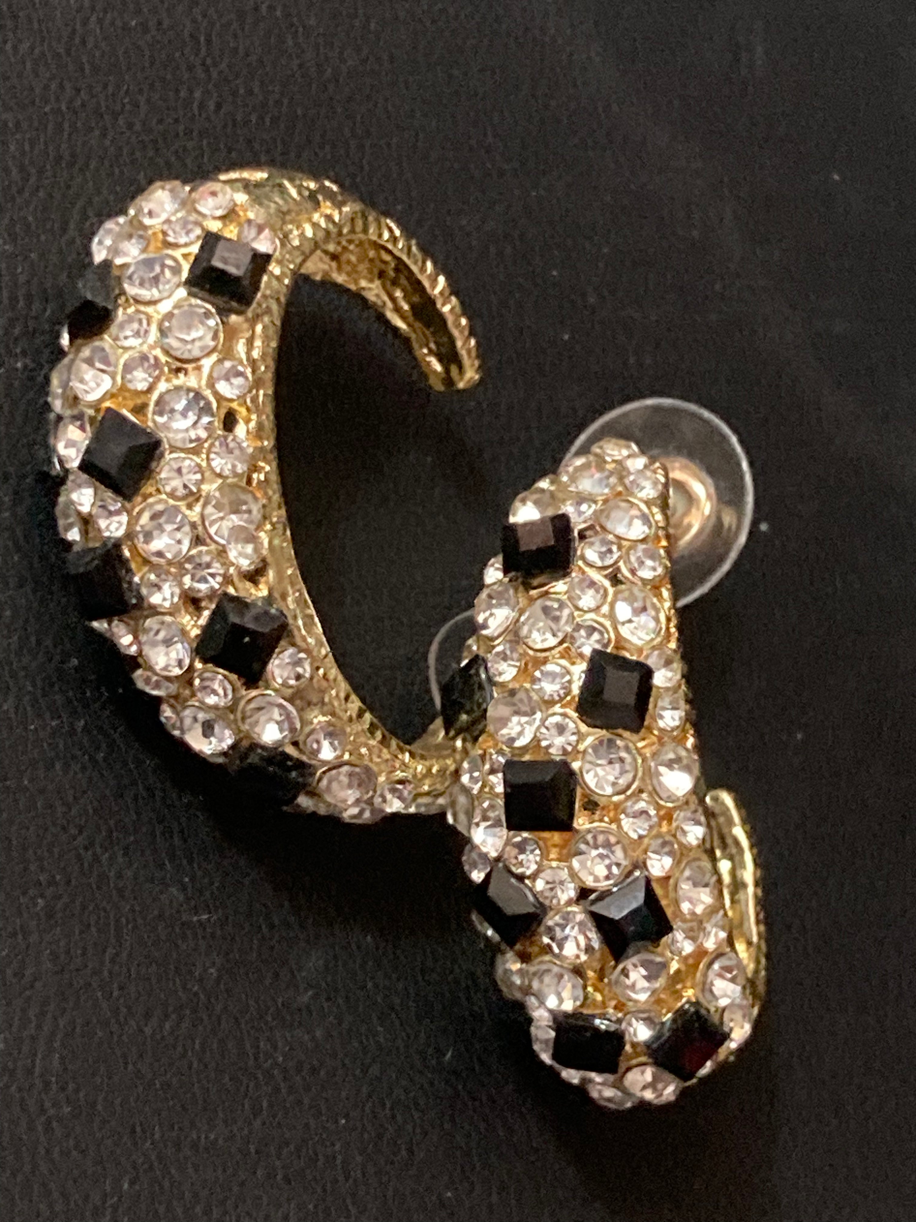 Black & clear diamanté Crystal gold half hoop earrings