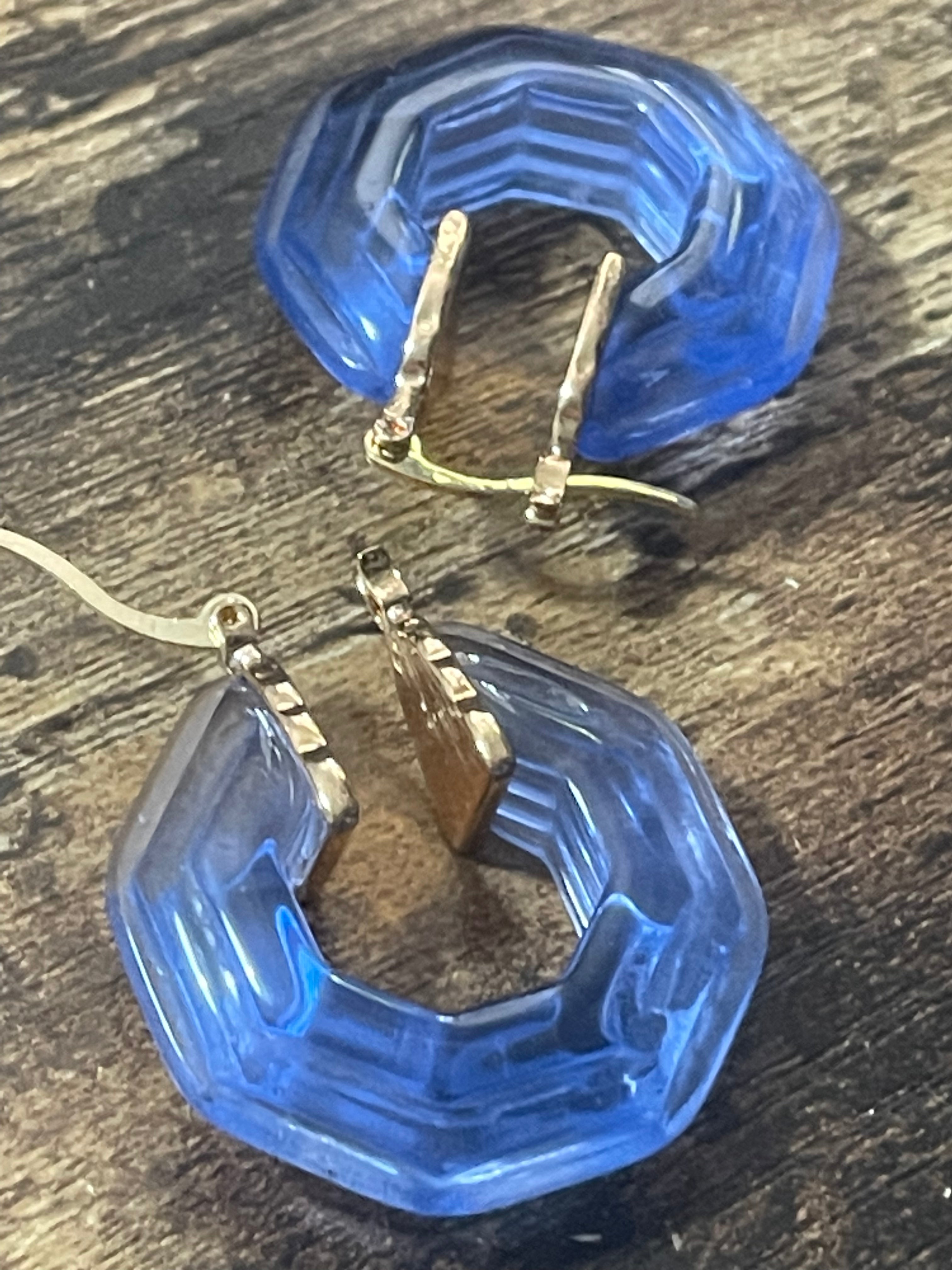 Octagonal blue clear acrylic gold tone hoop earrings