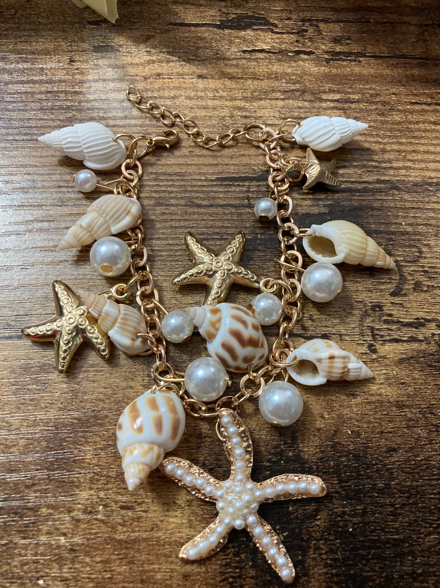 Tropical seashell pearl charm bracelet