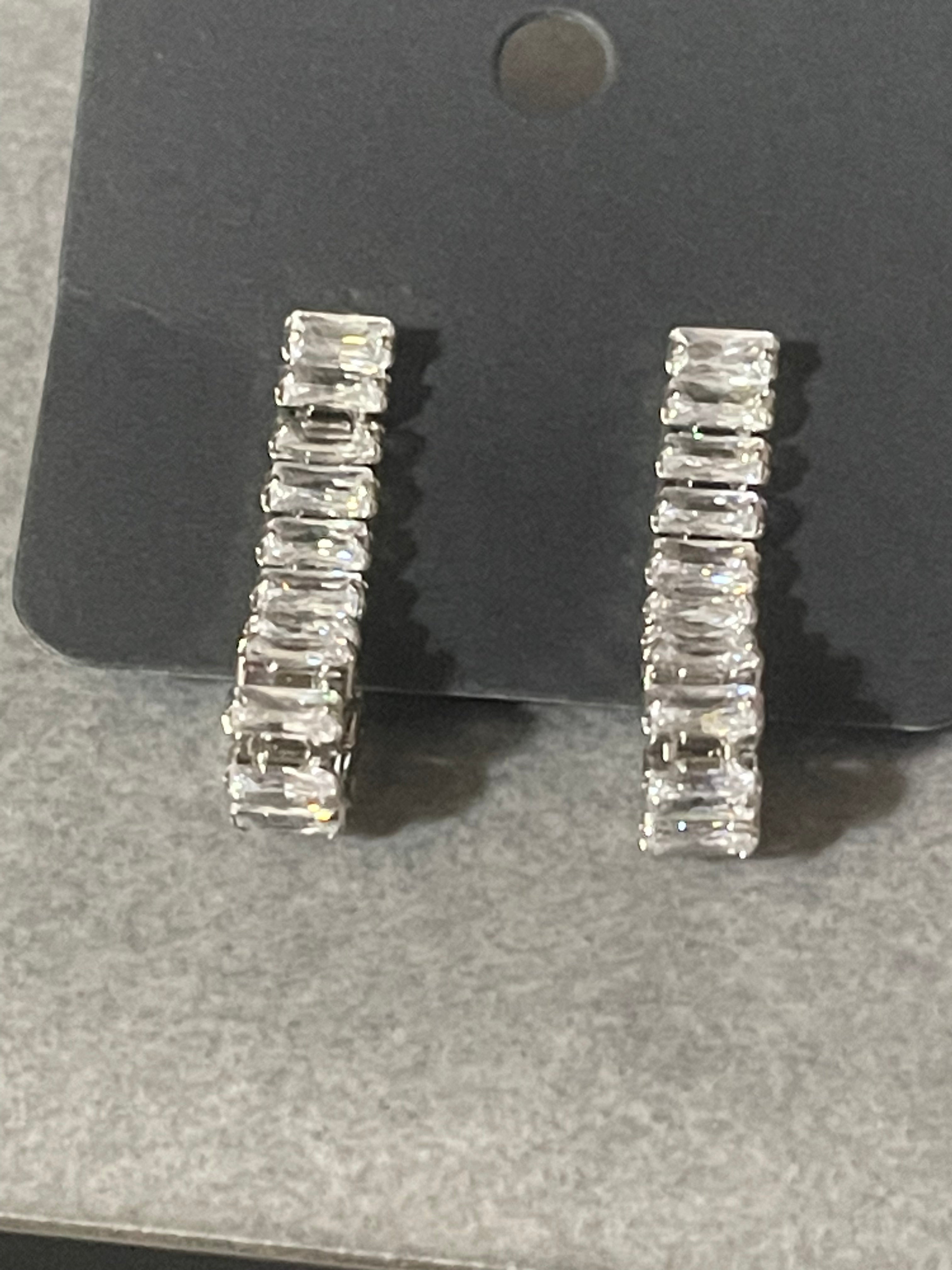 High End clear CZ earrings baguette Crystal diamanté White gold plated