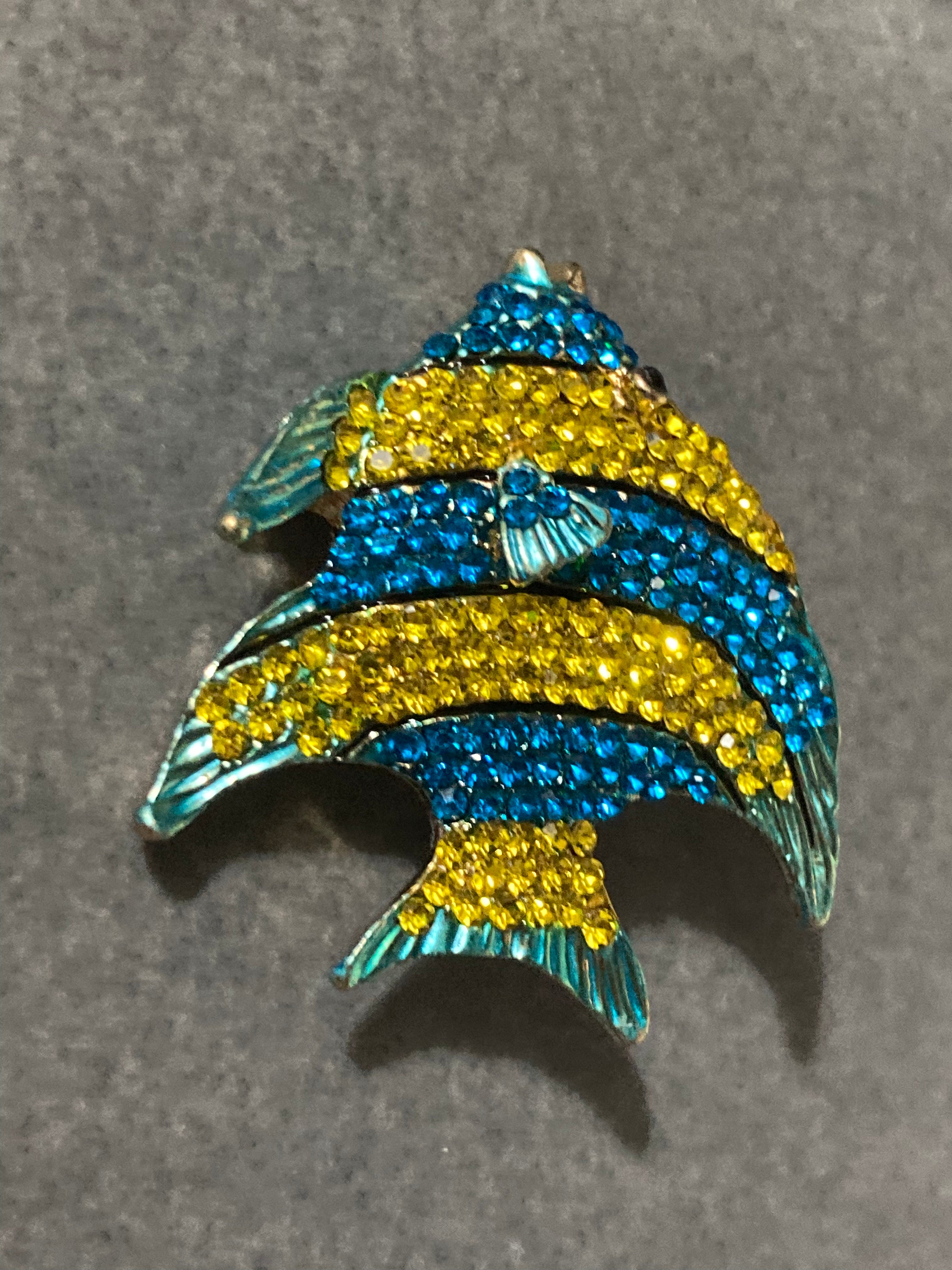 Diamanté fish brooch blue and yellow