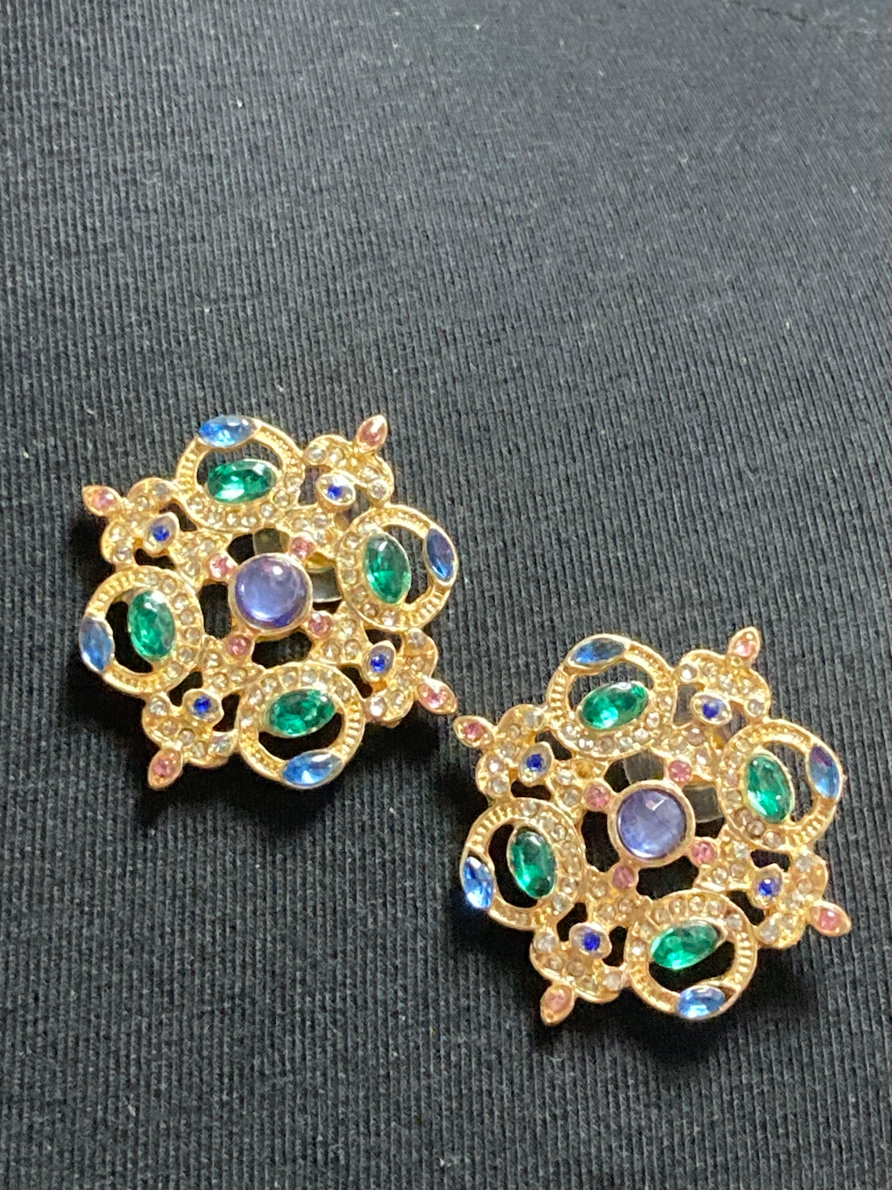 Oversized diamanté regal stud earrings purple green