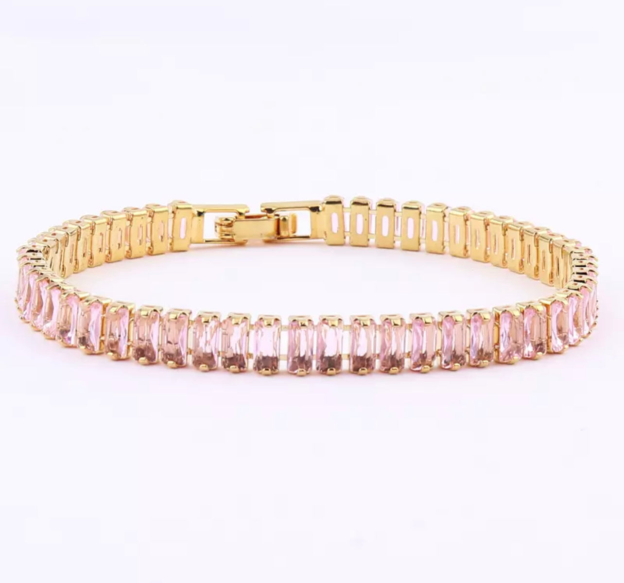 High End pink CZ tennis bracelet baguette Crystal diamanté gold plated