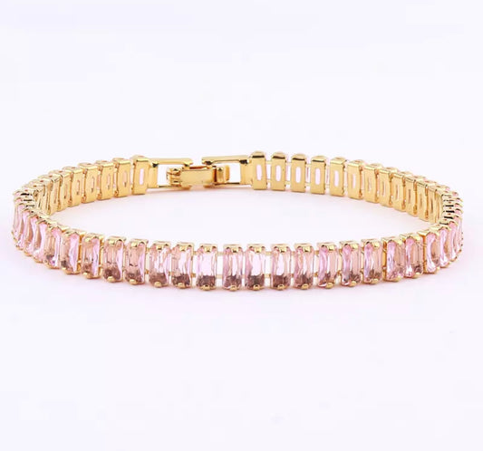 High End pink CZ tennis bracelet baguette Crystal diamanté gold plated