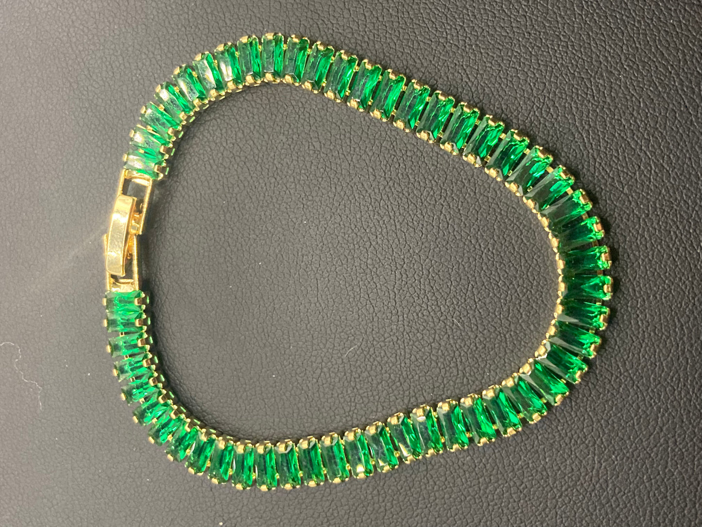 High End Emerald Green CZ tennis bracelet baguette Crystal diamanté gold plated