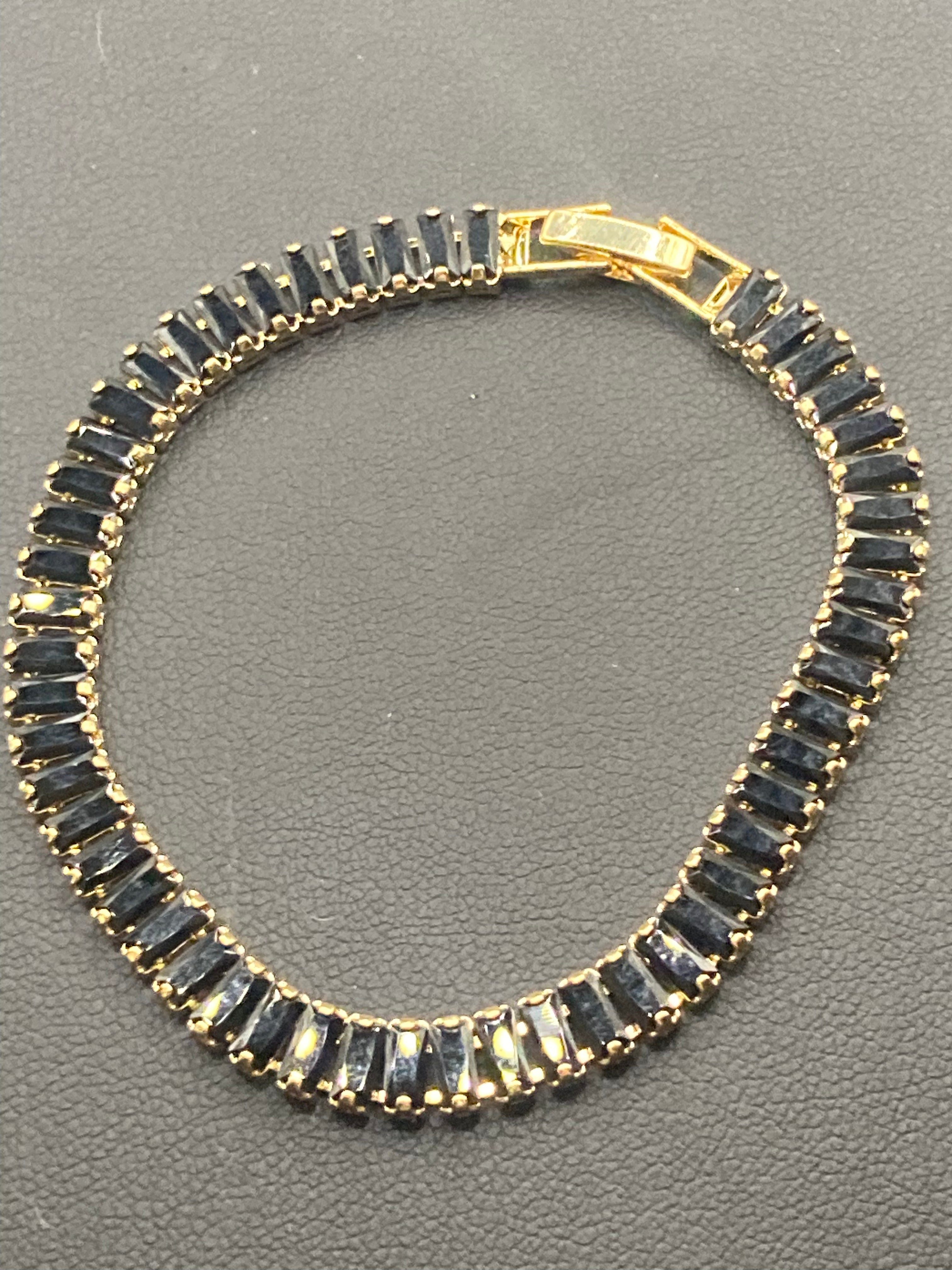 High End Black CZ tennis bracelet baguette Crystal diamanté gold plated