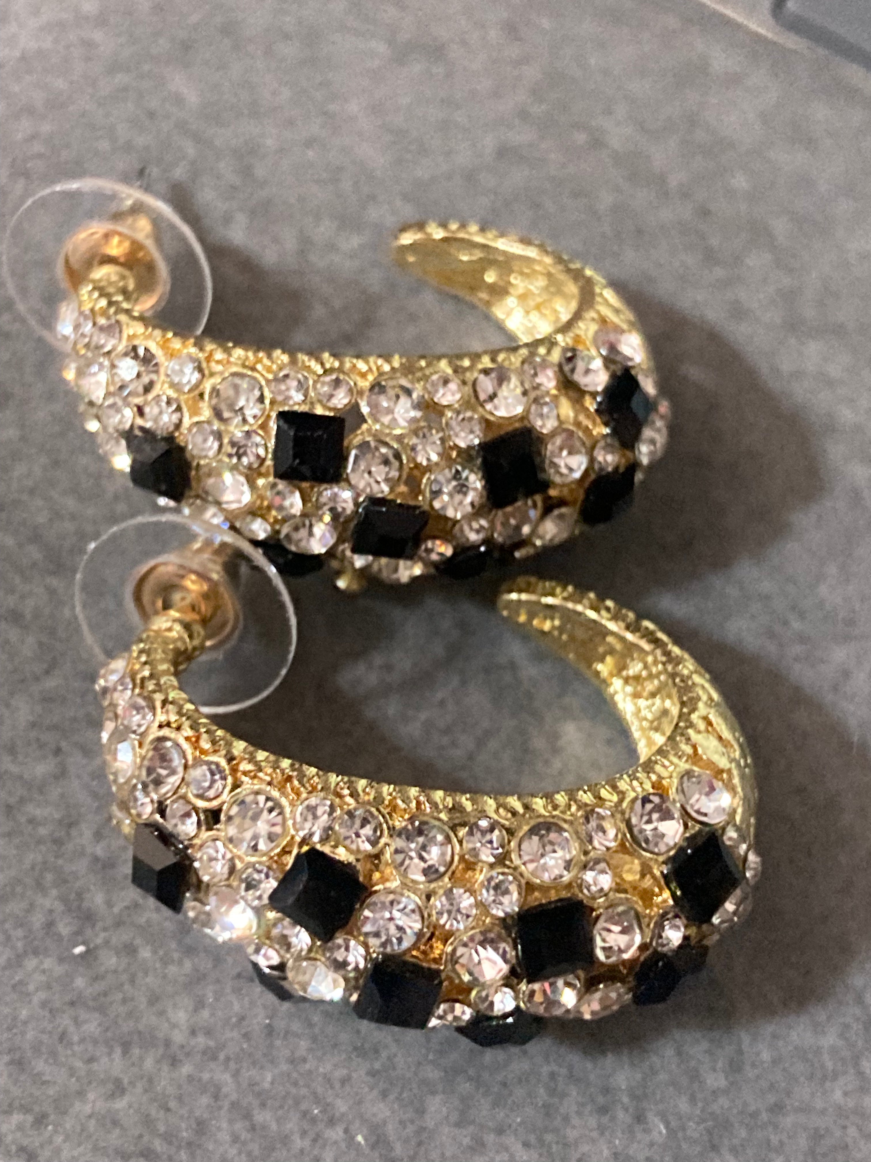 Black & clear diamanté Crystal gold half hoop earrings