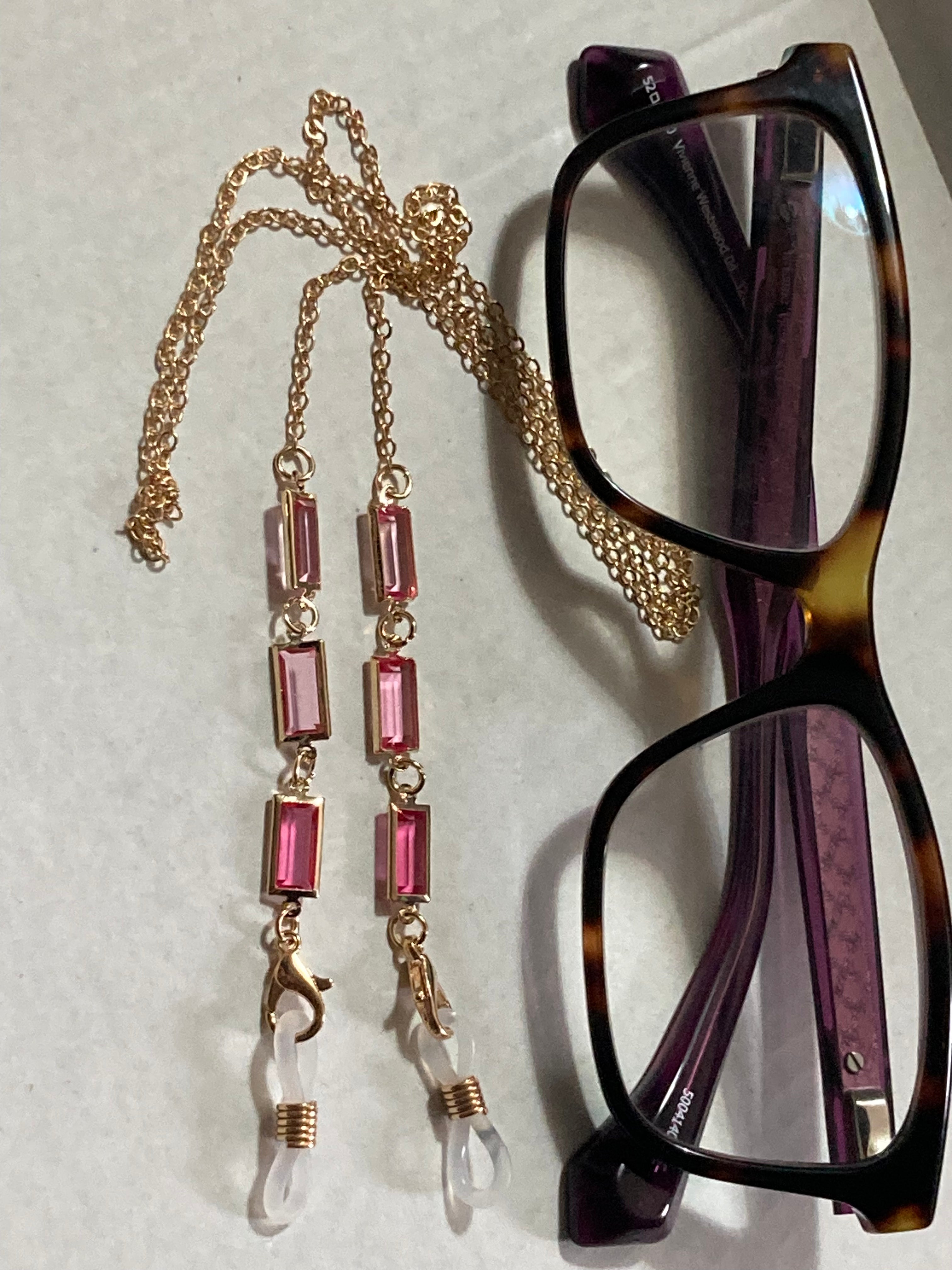 Sunglasses glasses gold chain with pink glass diamanté