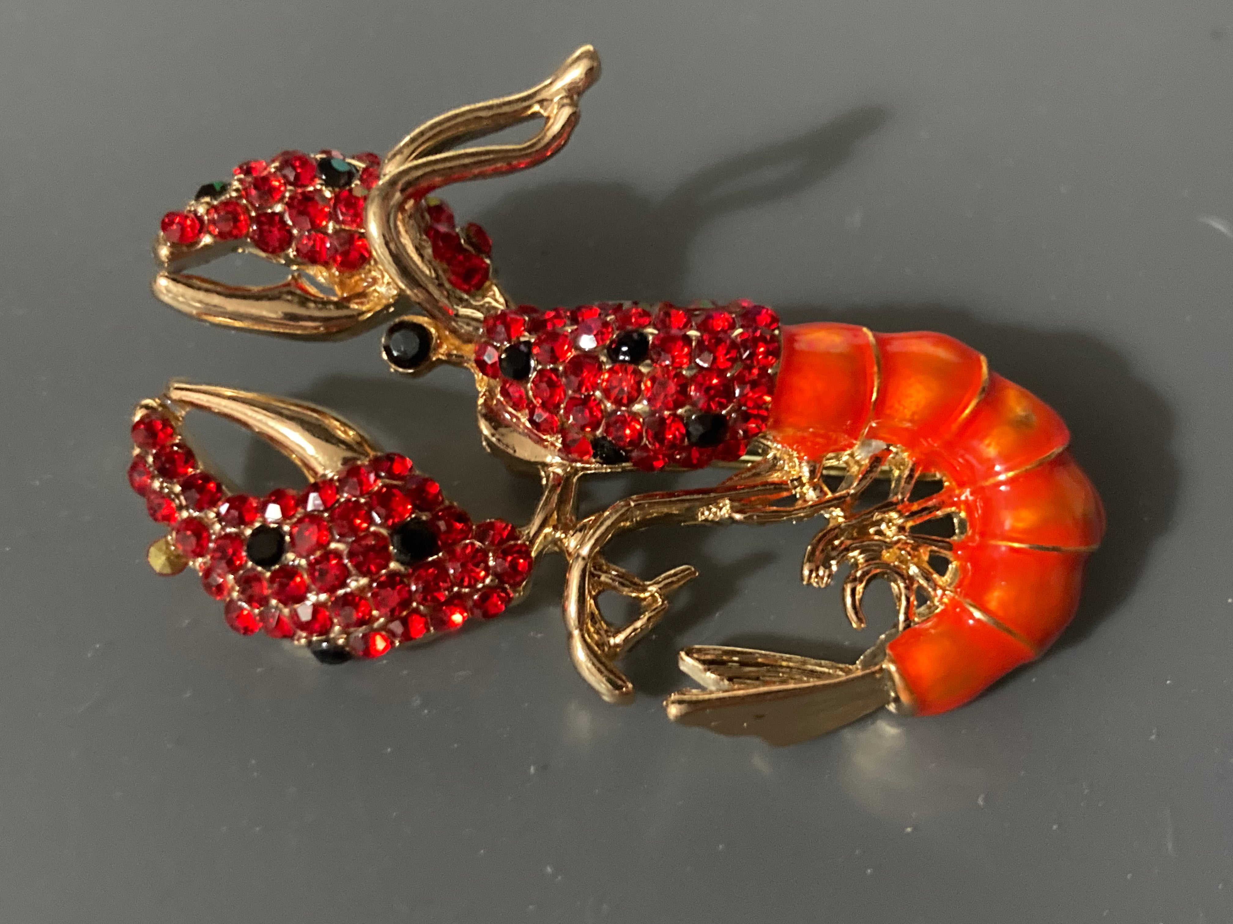 Lobster brooch Orange enamel and diamanté