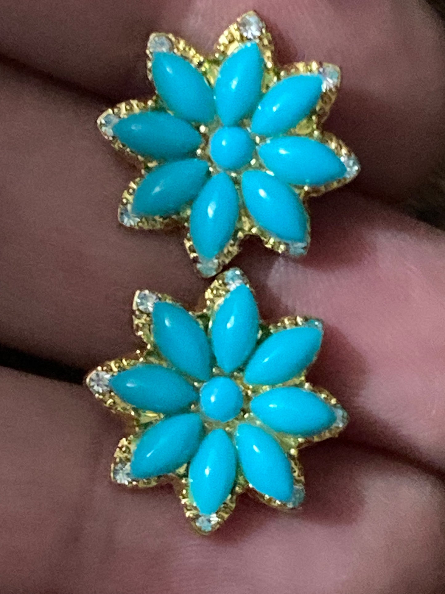 Small turquoise diamanté flower stud earrings