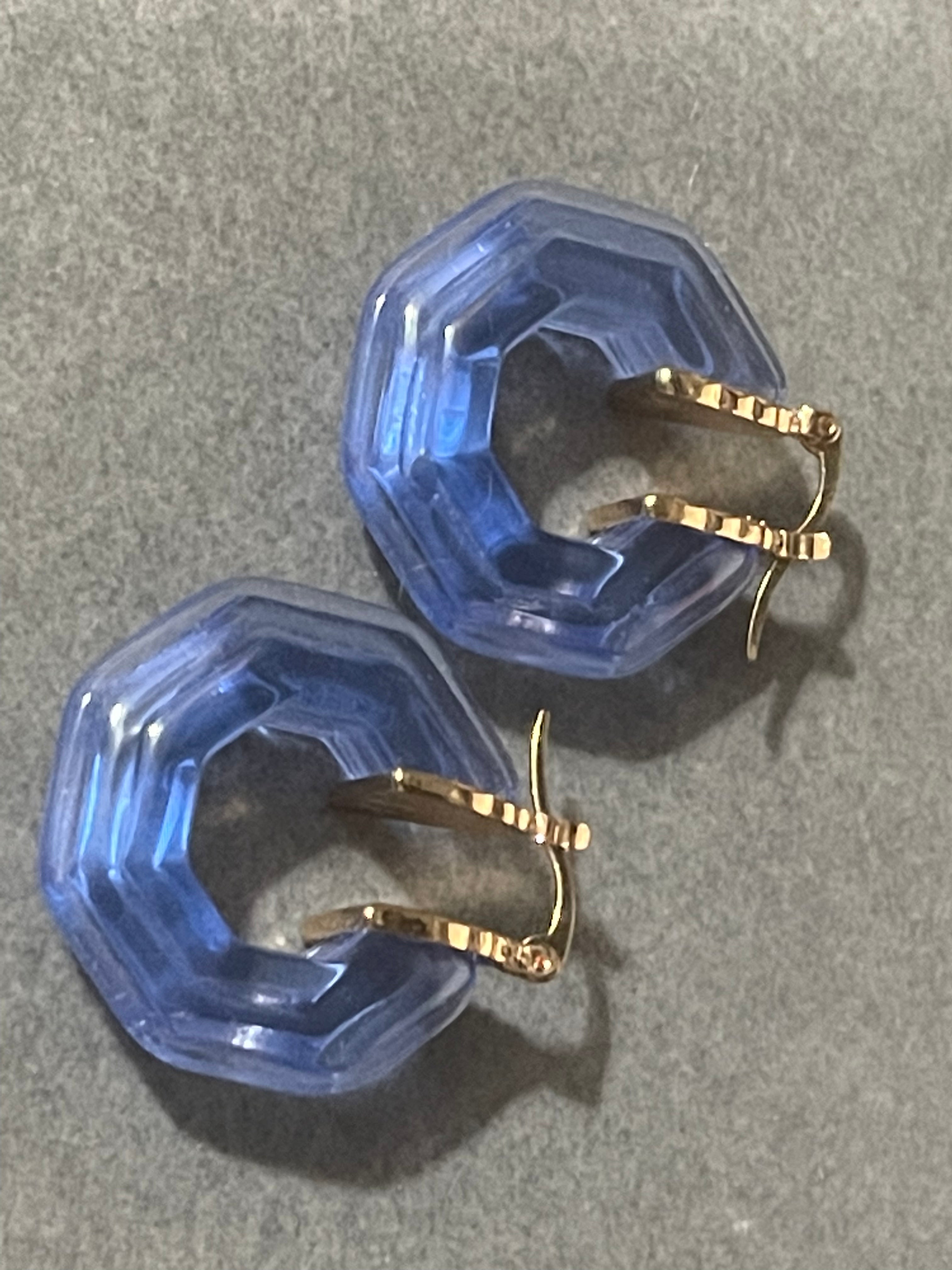 Octagonal blue clear acrylic gold tone hoop earrings