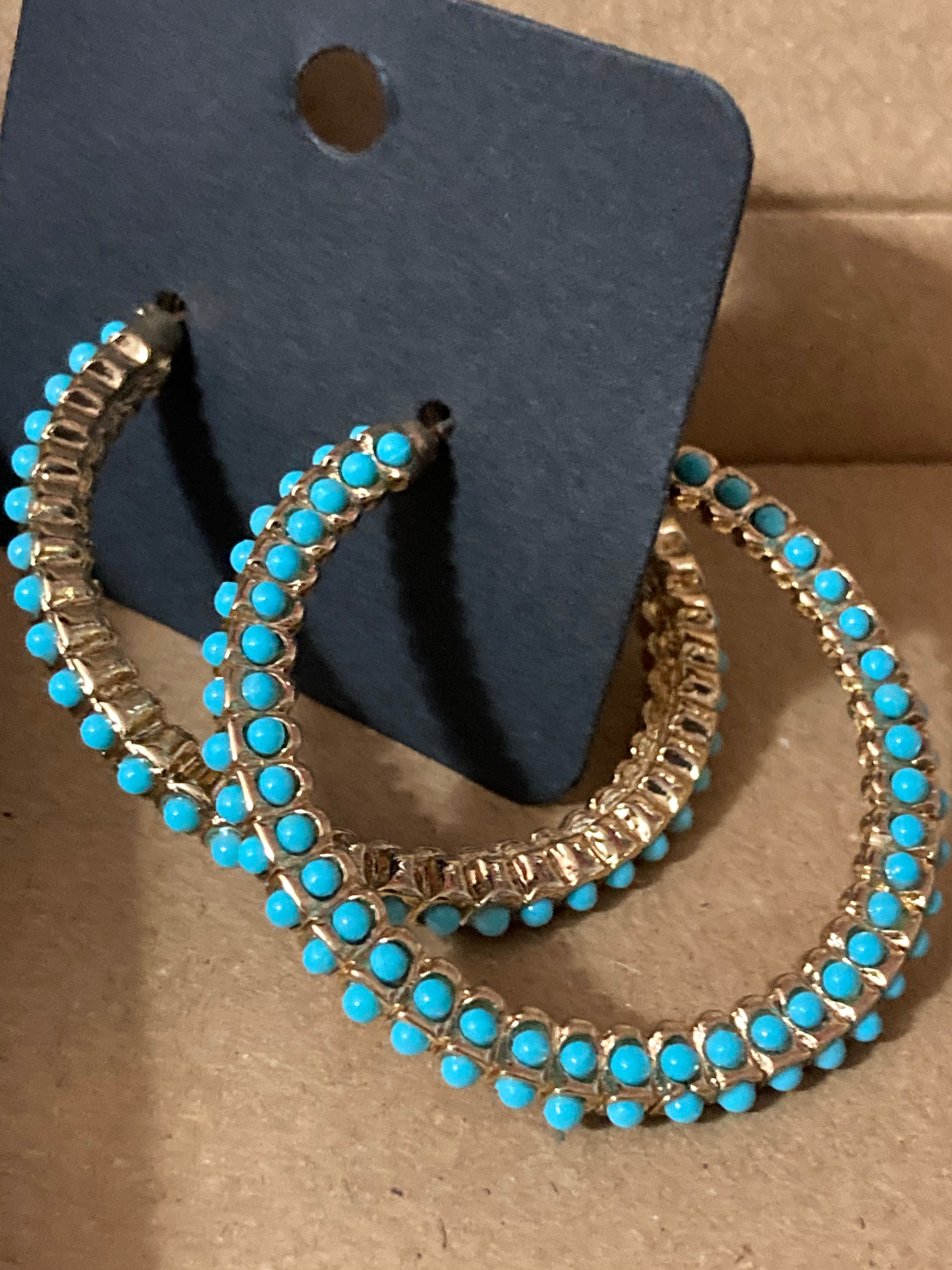 Large turquoise beaded gold hoop earrings