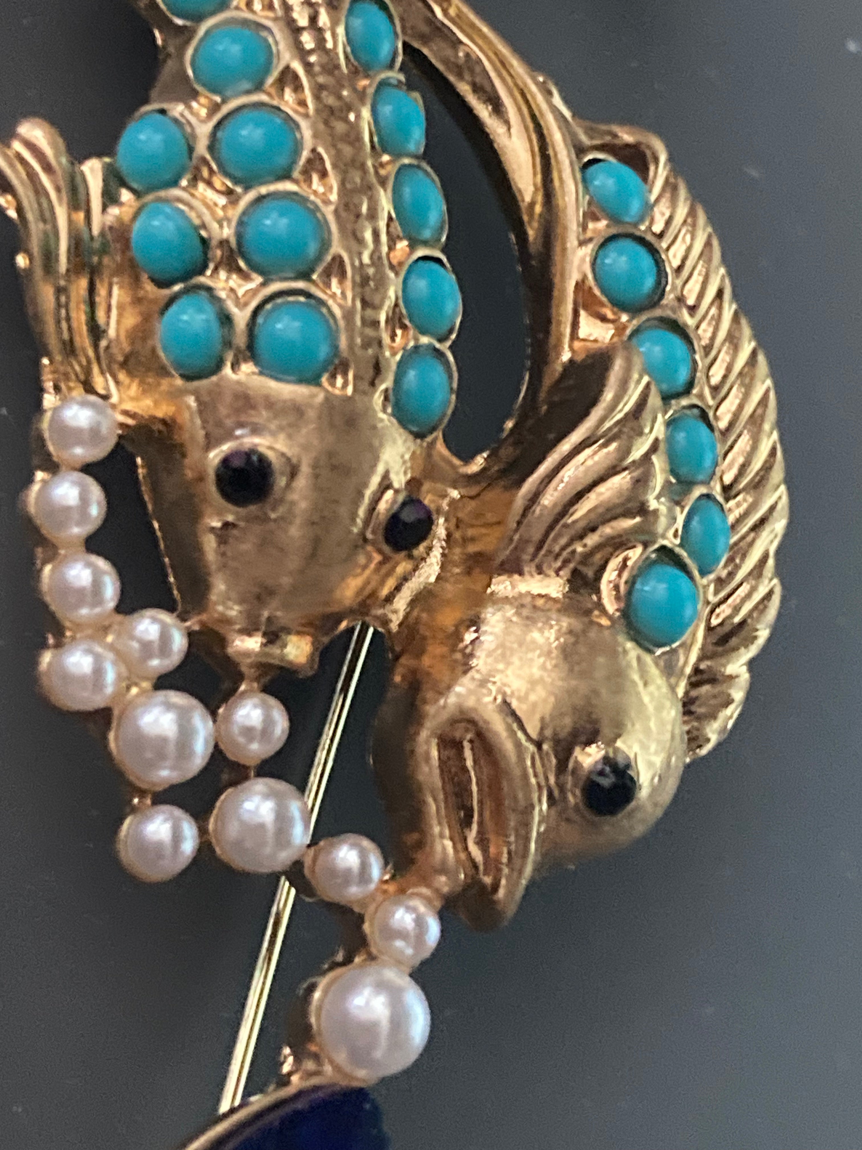 Oriental fish brooch with turquoise and diamanté