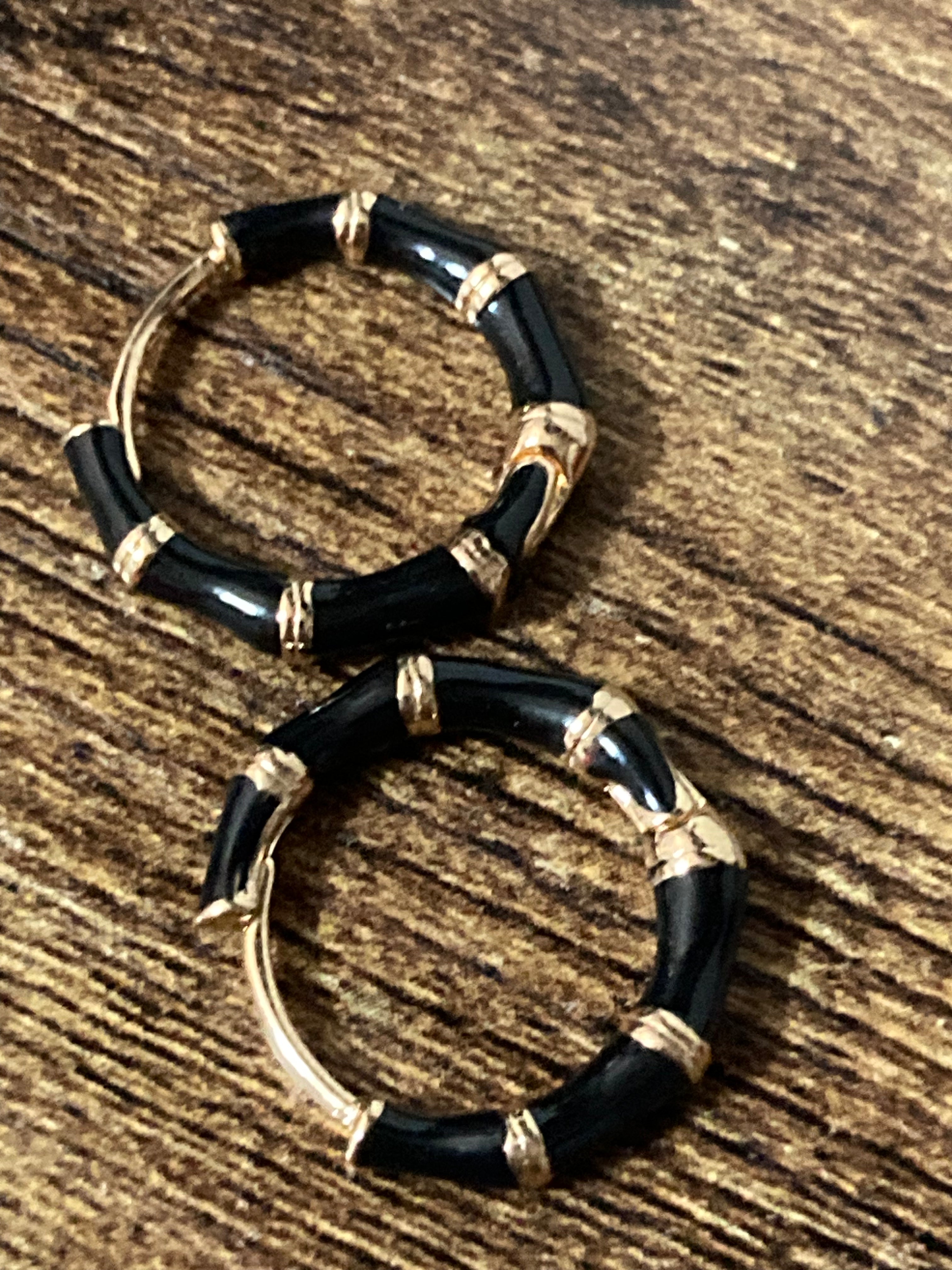 Small enamel black and gold bamboo design hoop earrings Huggies