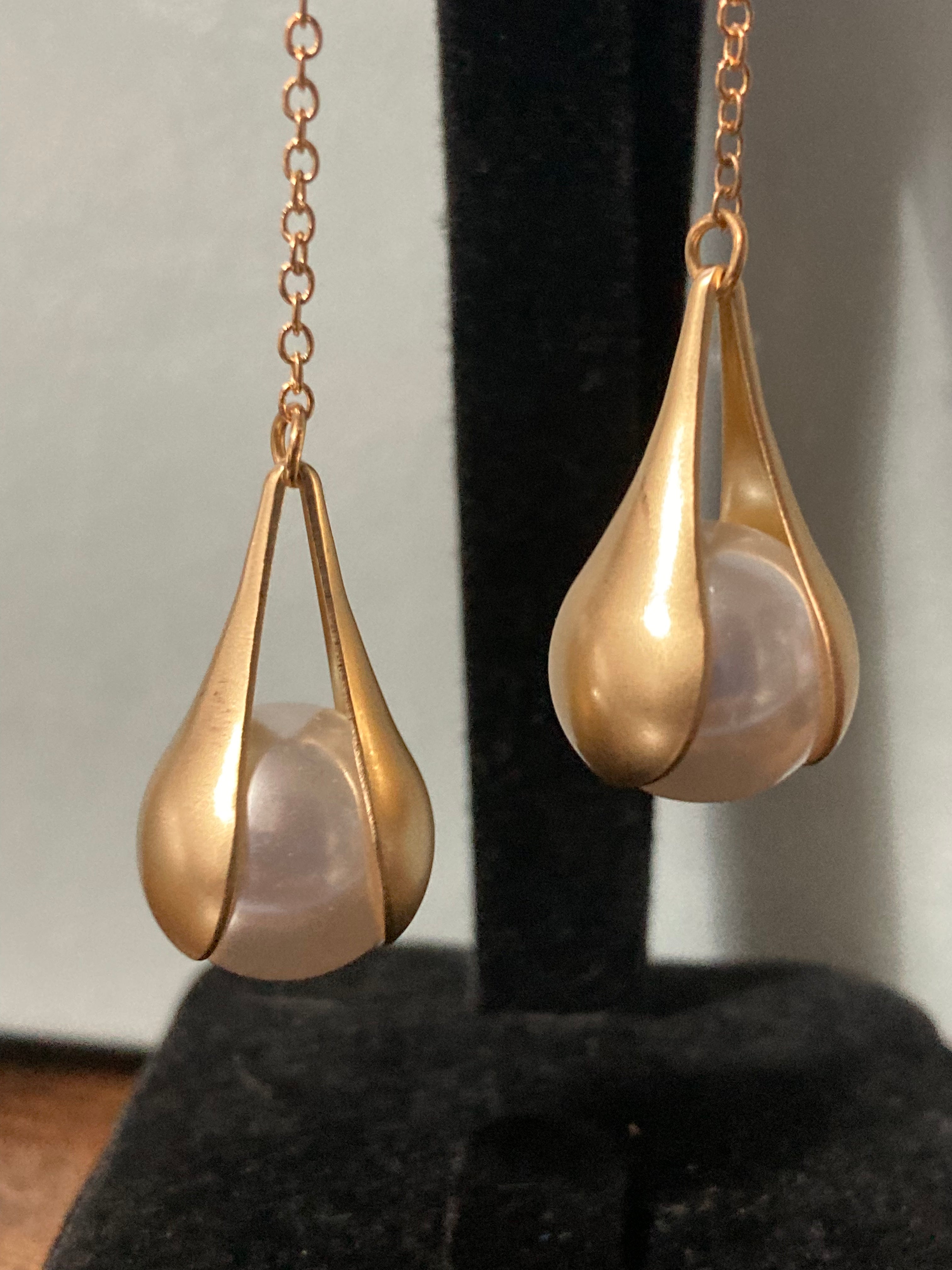 Long gold chain link pearl earrings