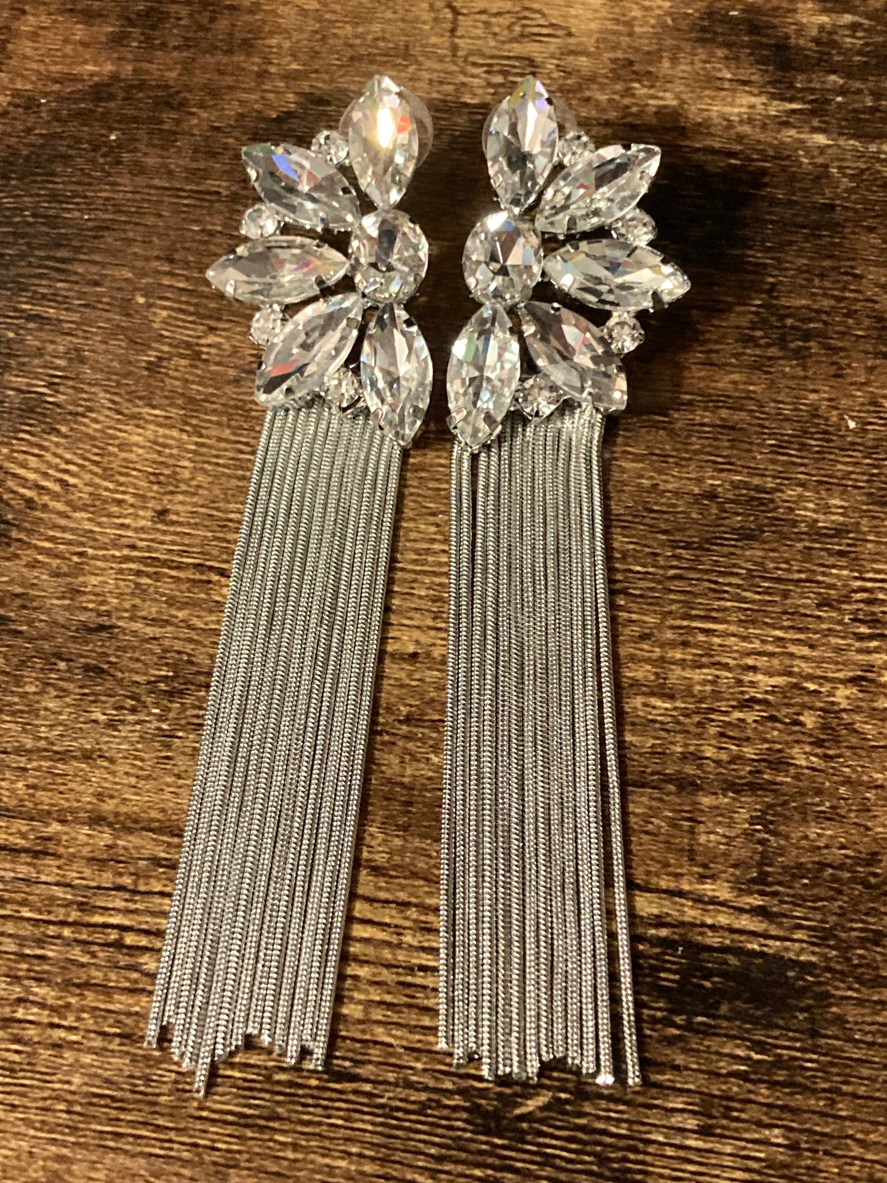 Diamanté silver long tassel earrings