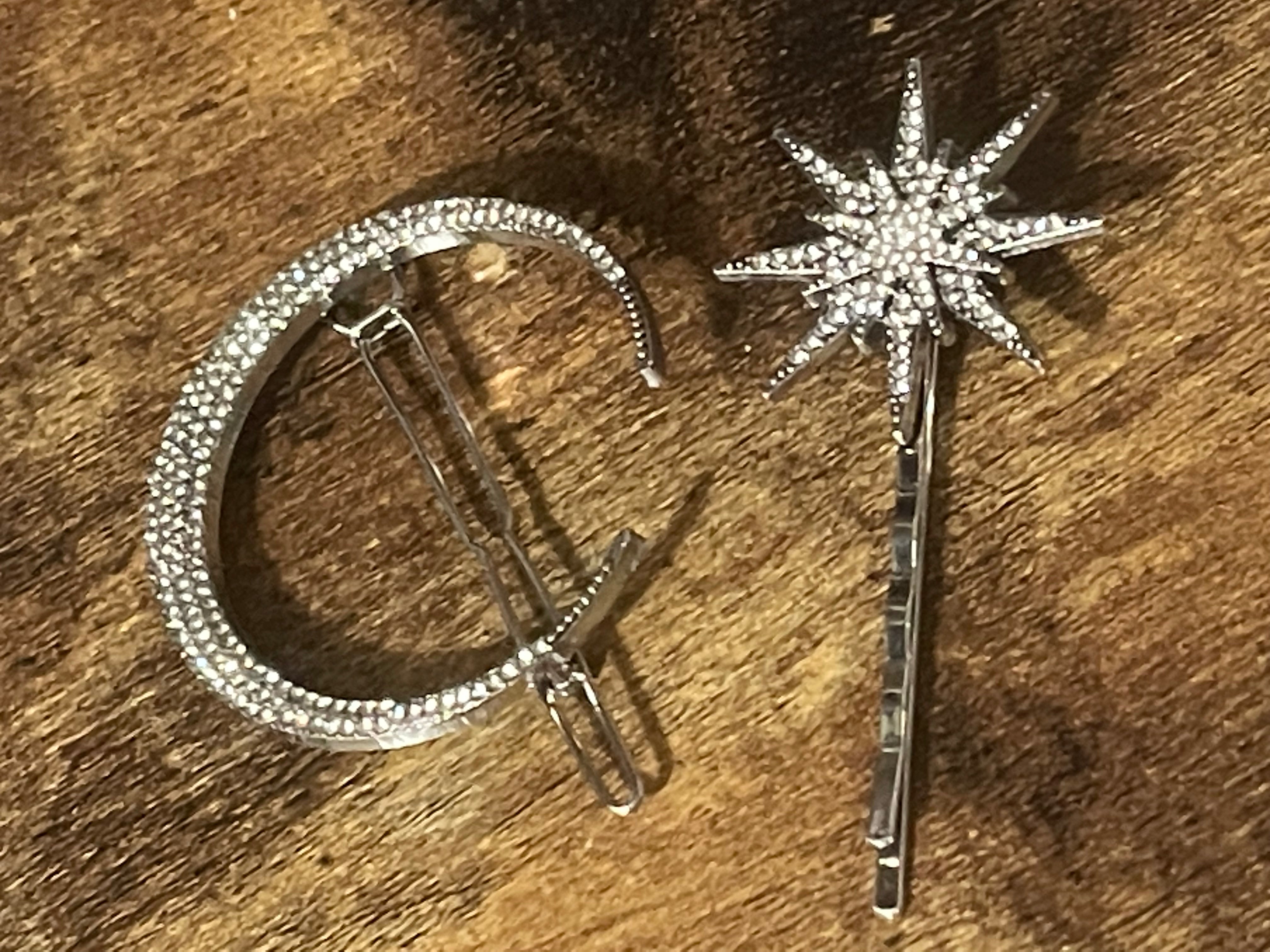 Star and moon silver diamanté celestial hair clips