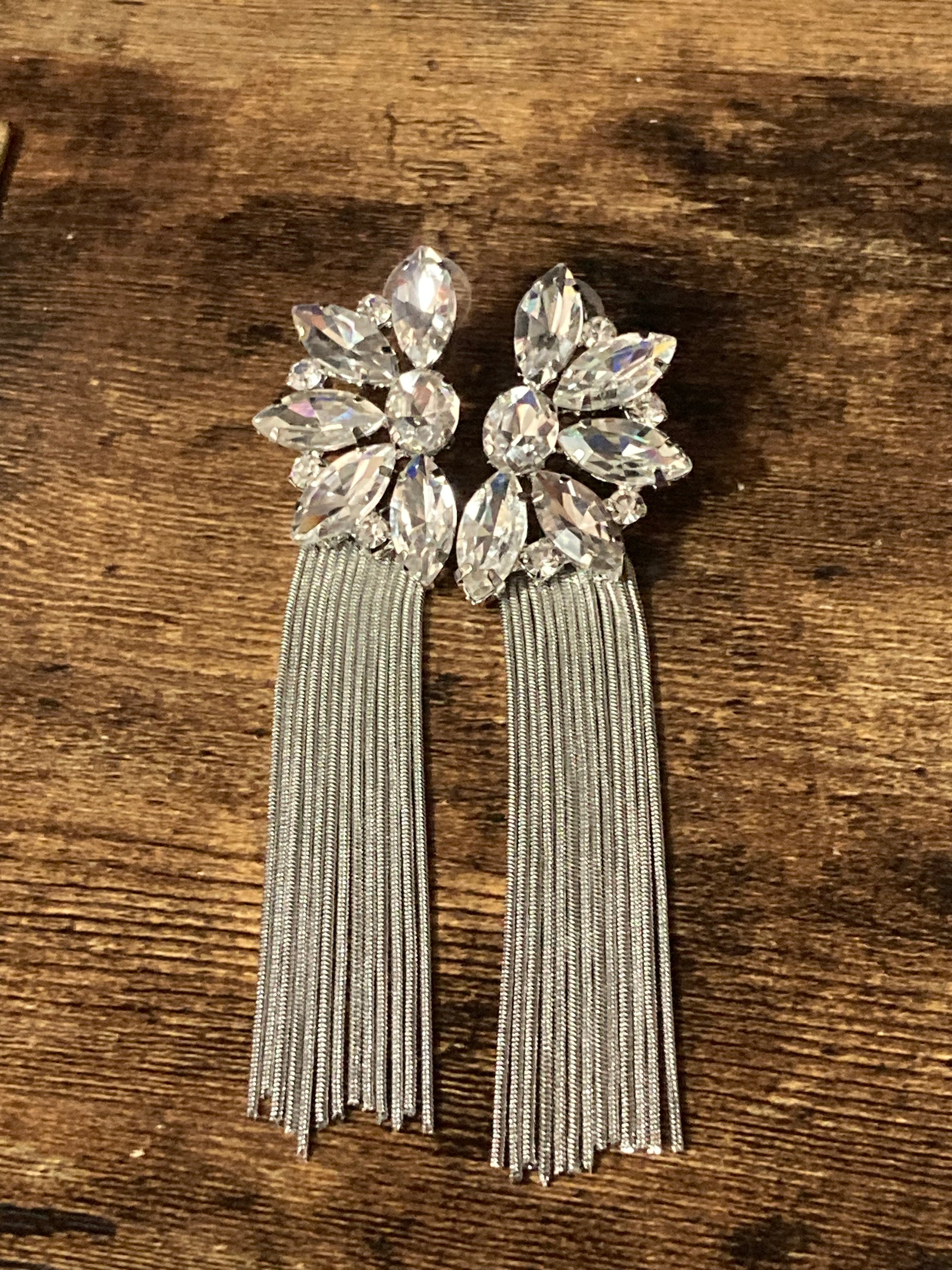 Diamanté silver long tassel earrings