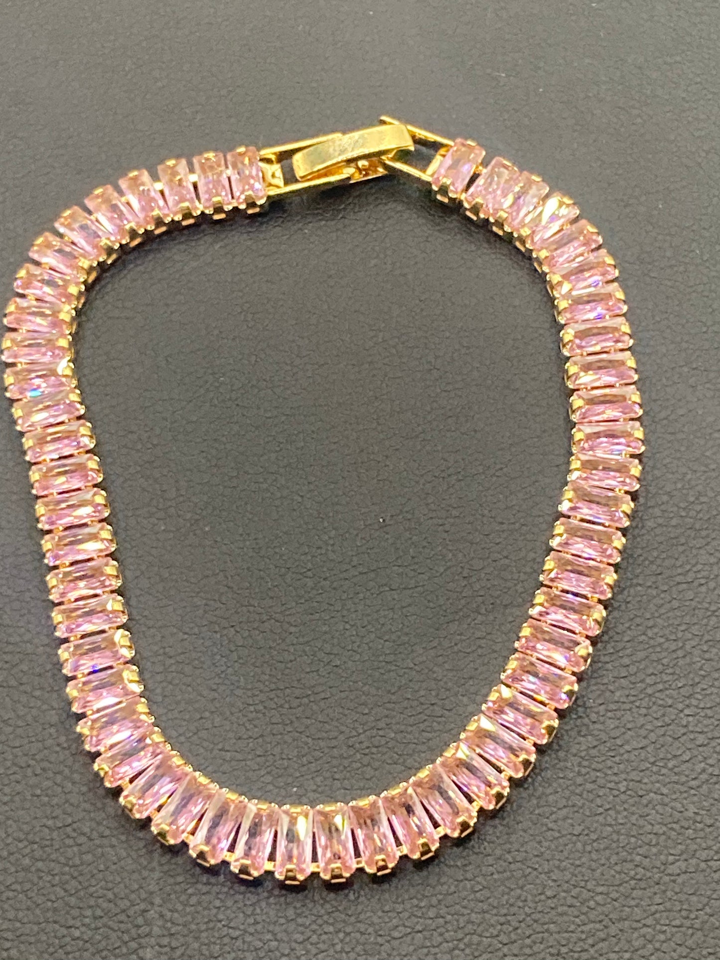 High End pink CZ tennis bracelet baguette Crystal diamanté gold plated