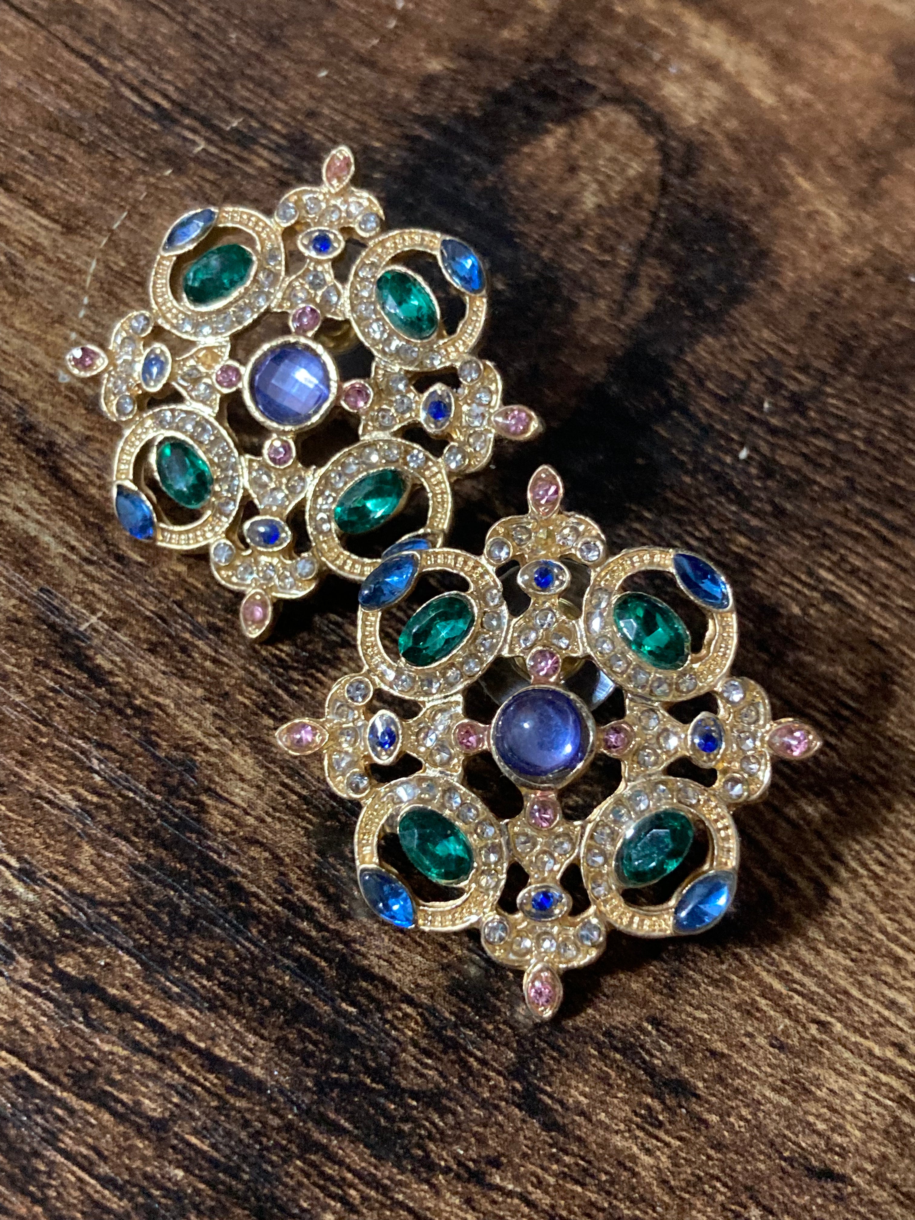 Oversized diamanté regal stud earrings purple green