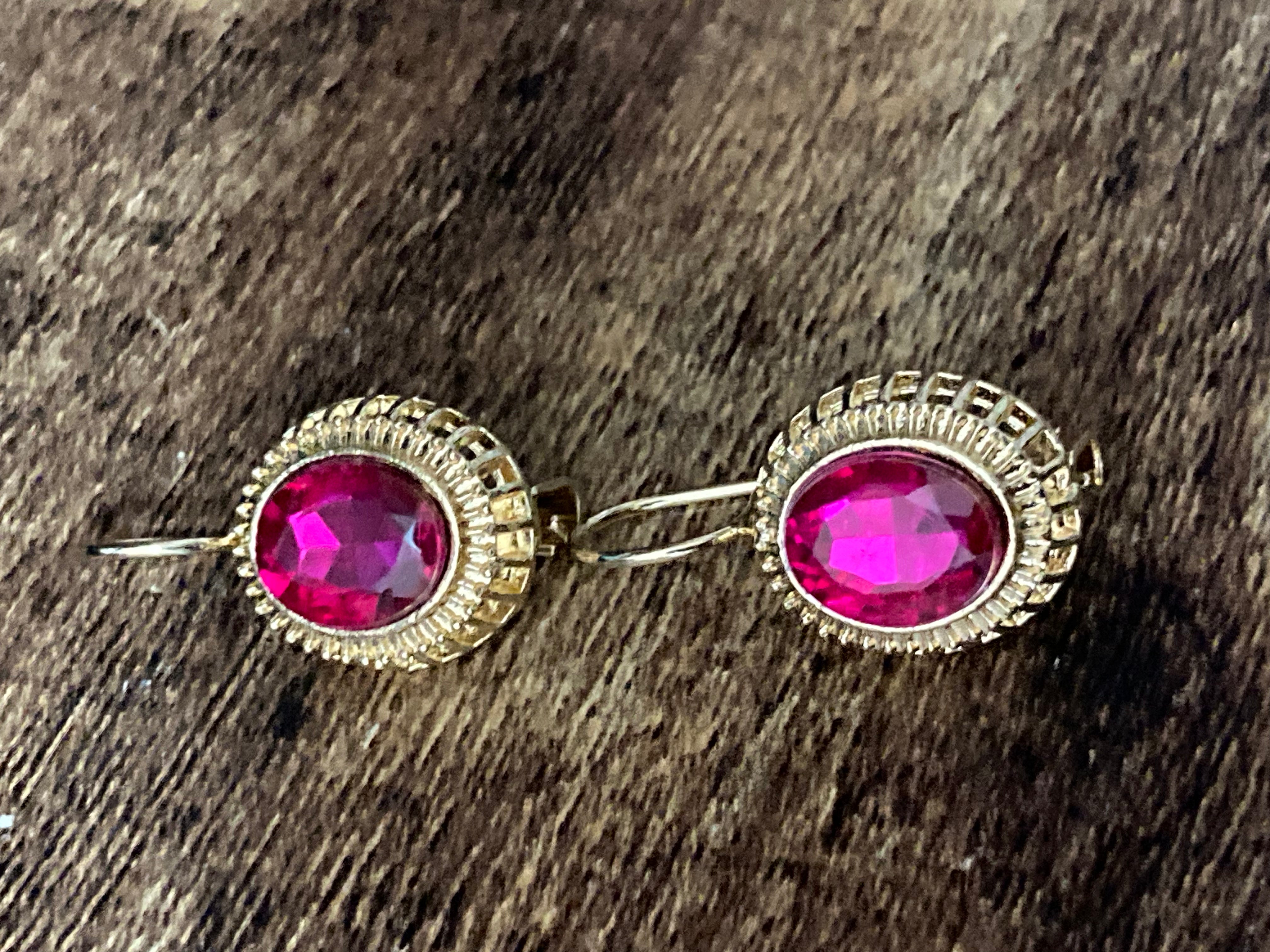 Gold tone hot pink glass diamanté drop earrings Victorian style