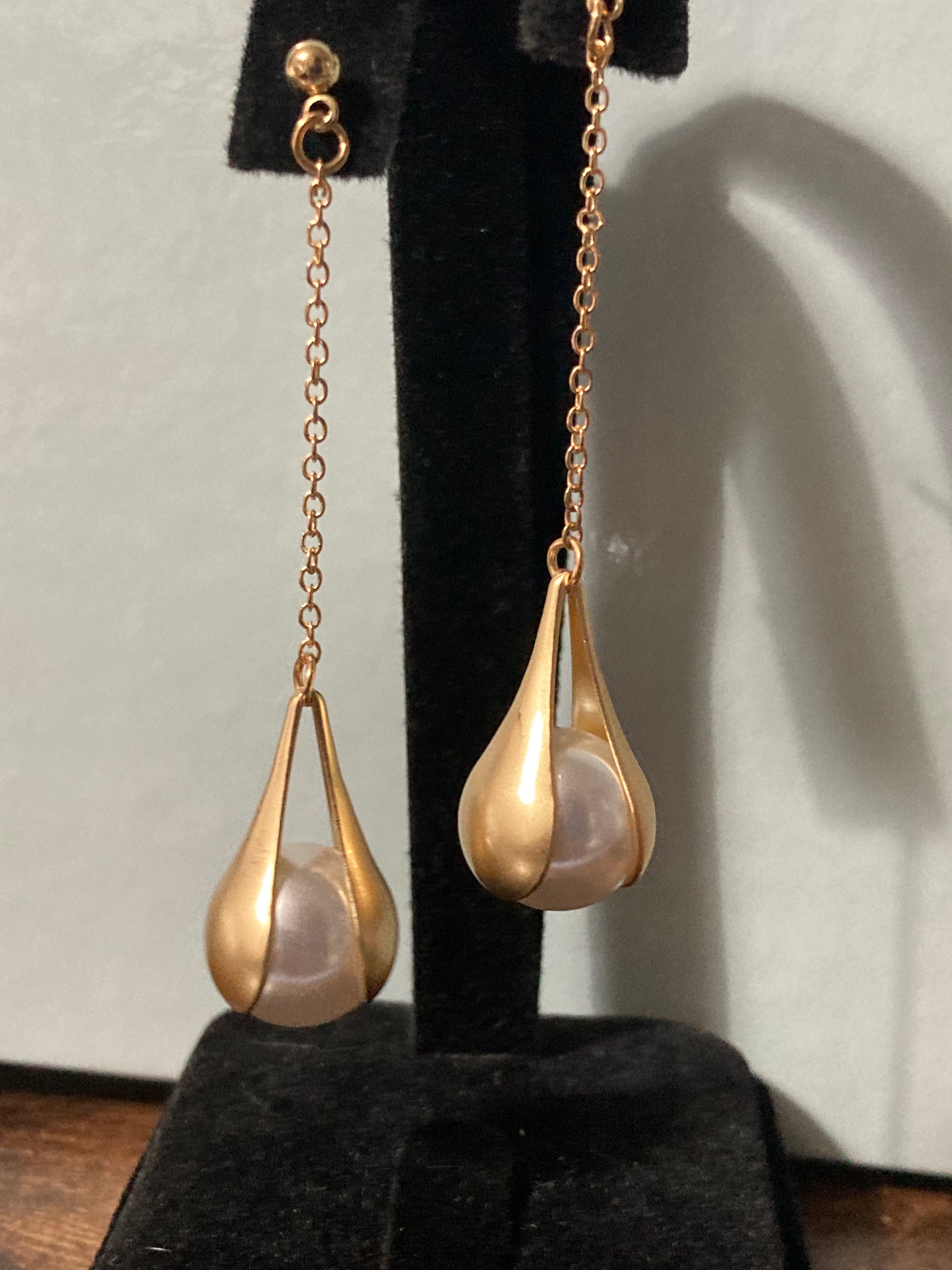 Long gold chain link pearl earrings