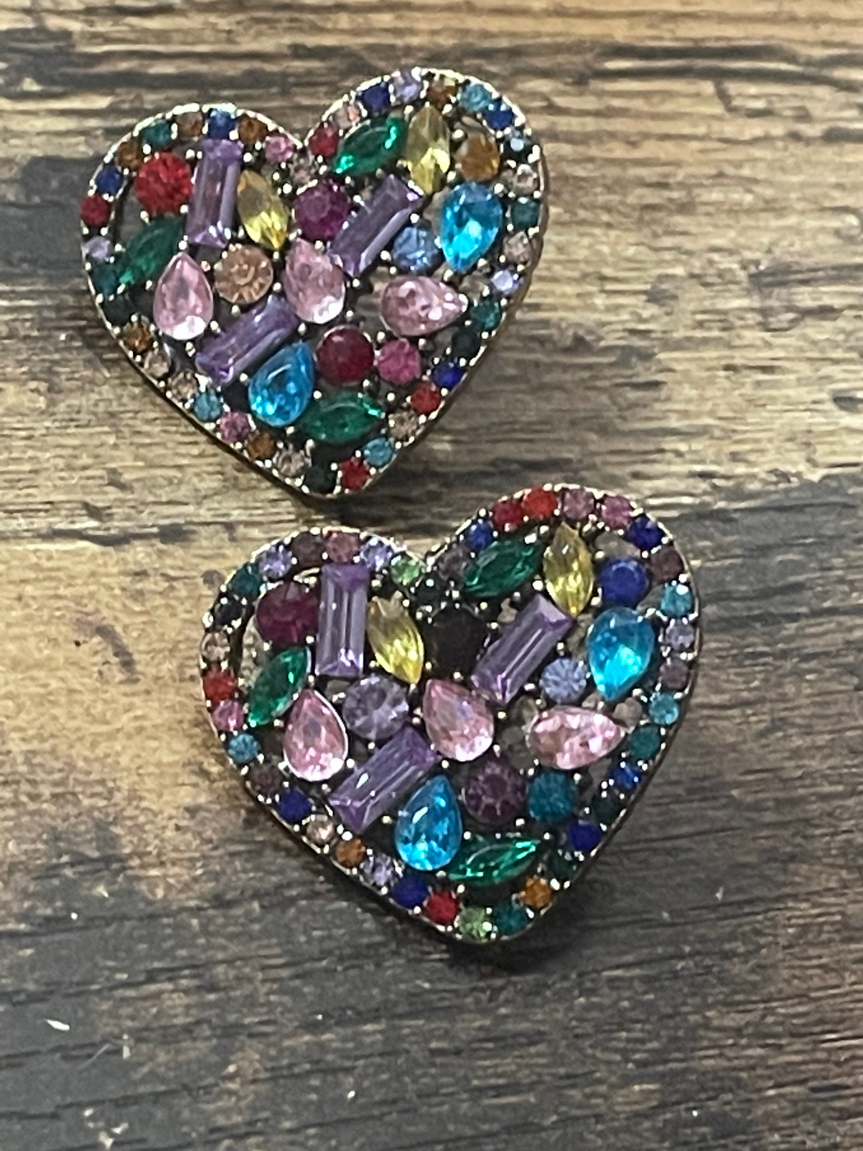 Large bright rainbow diamanté Crystal love heart earrings