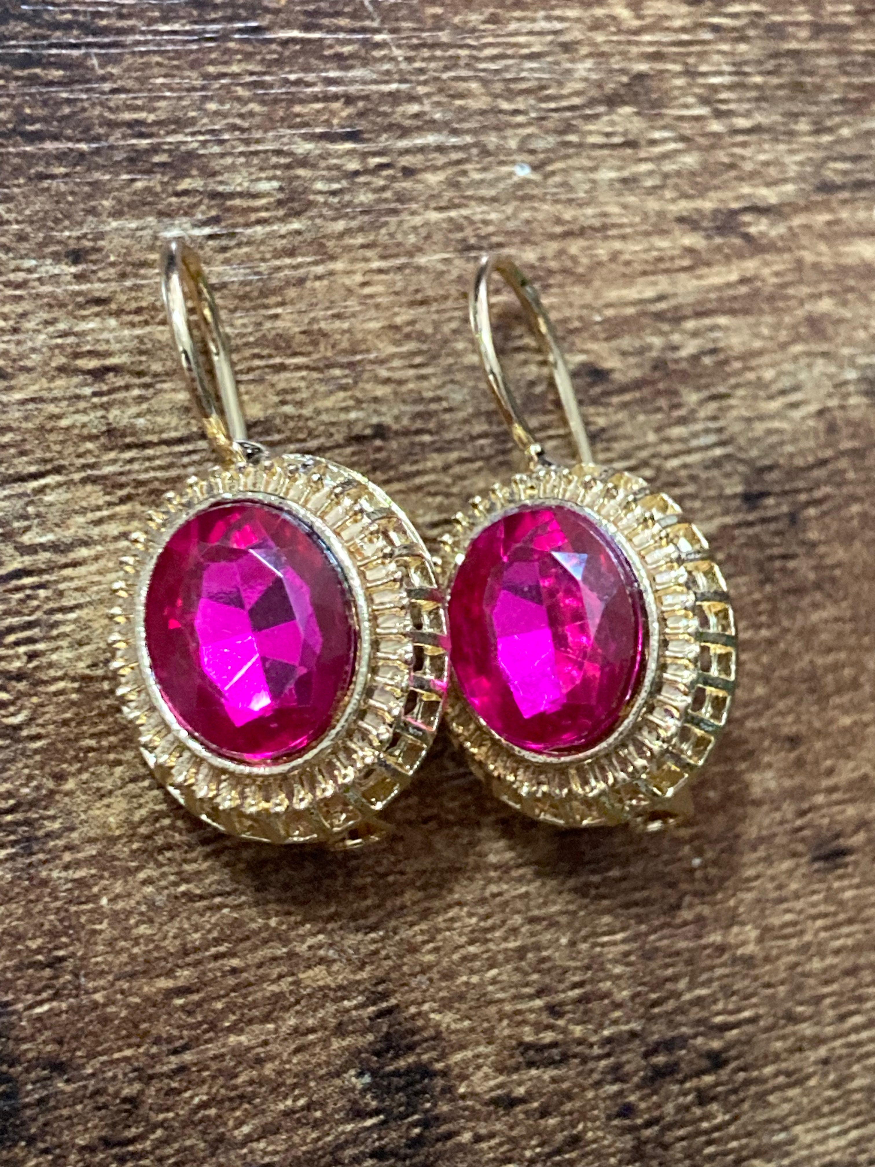 Gold tone hot pink glass diamanté drop earrings Victorian style