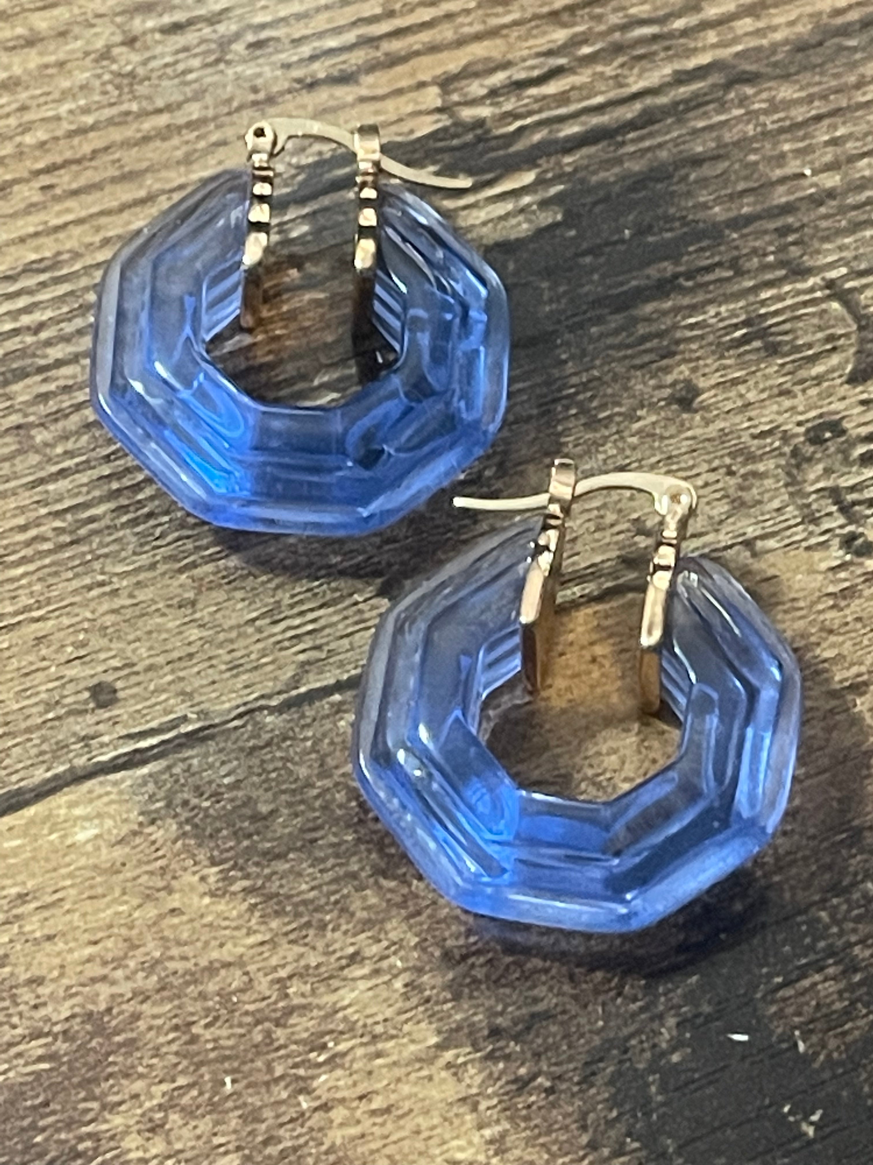 Octagonal blue clear acrylic gold tone hoop earrings