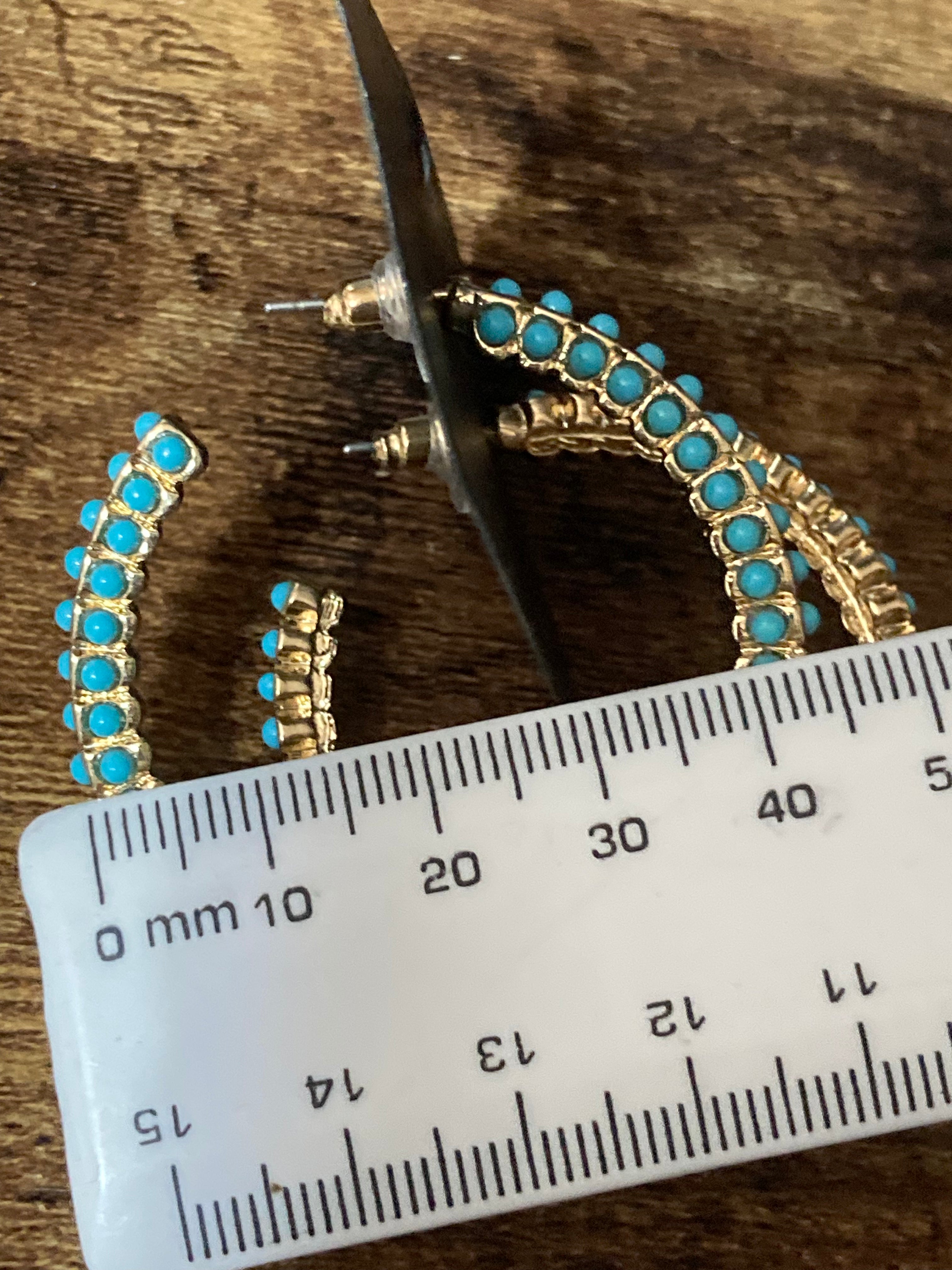 Large turquoise beaded gold hoop earrings