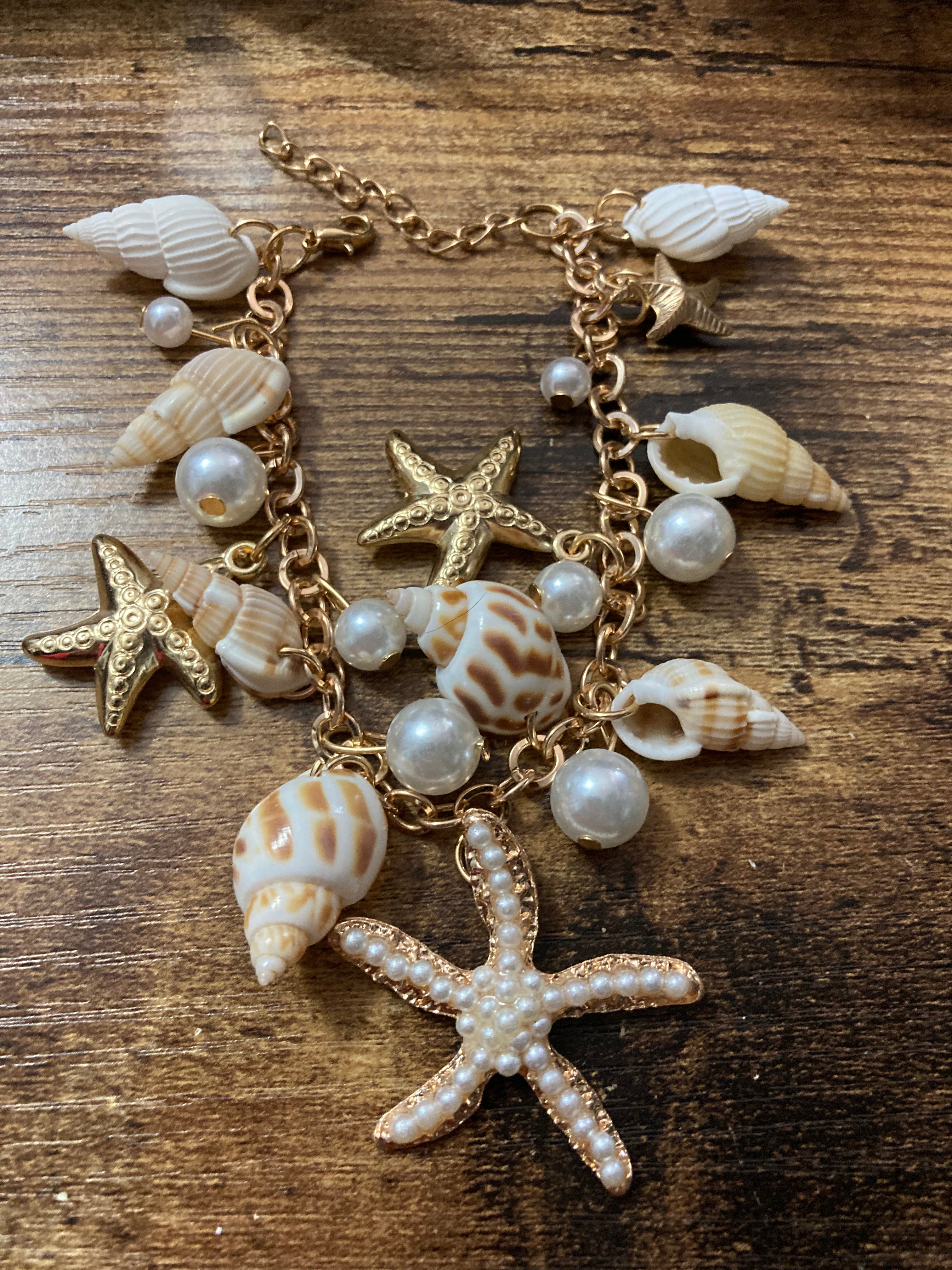 Tropical seashell pearl charm bracelet