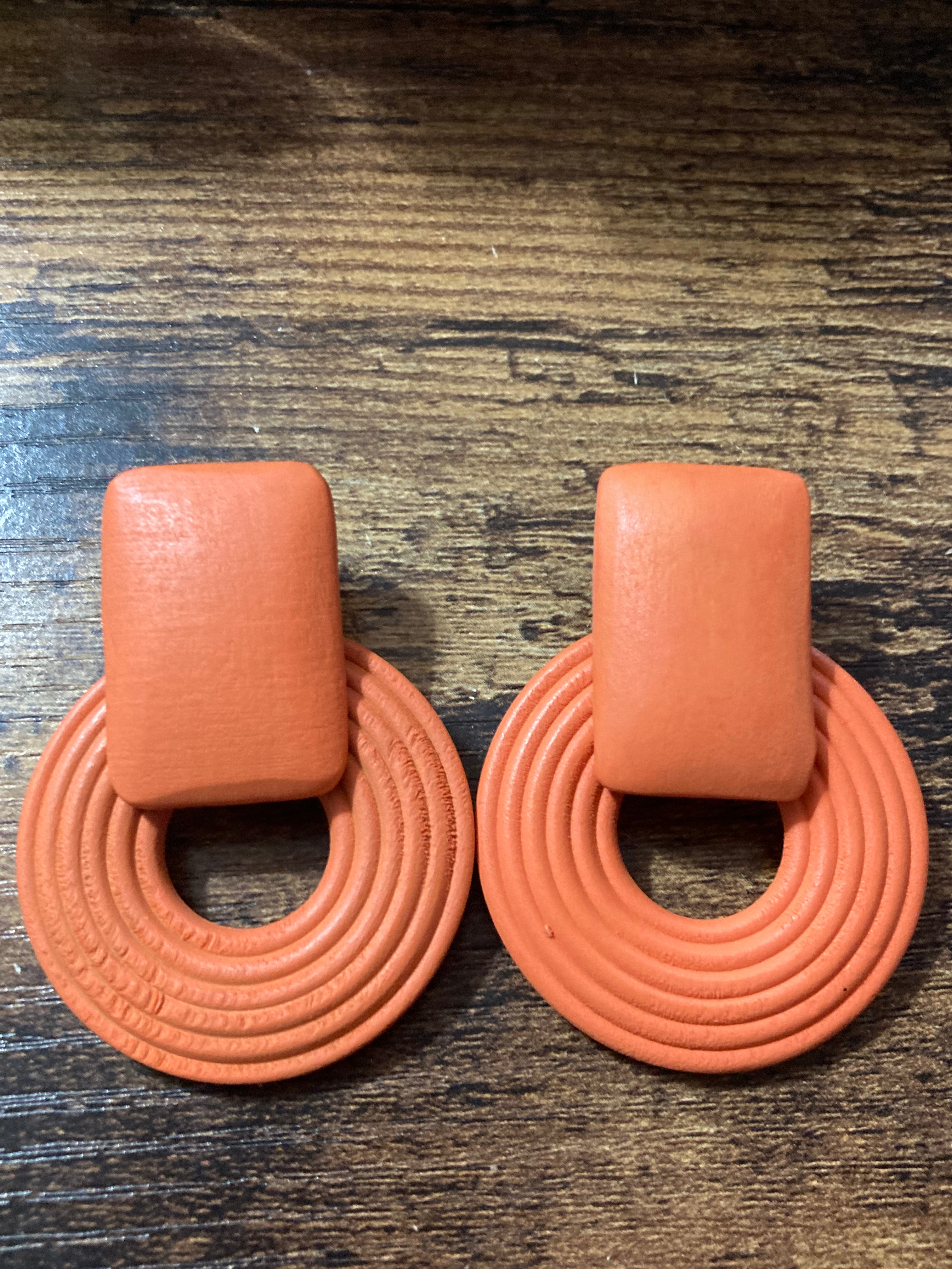 Orange wooden door knocker earrings