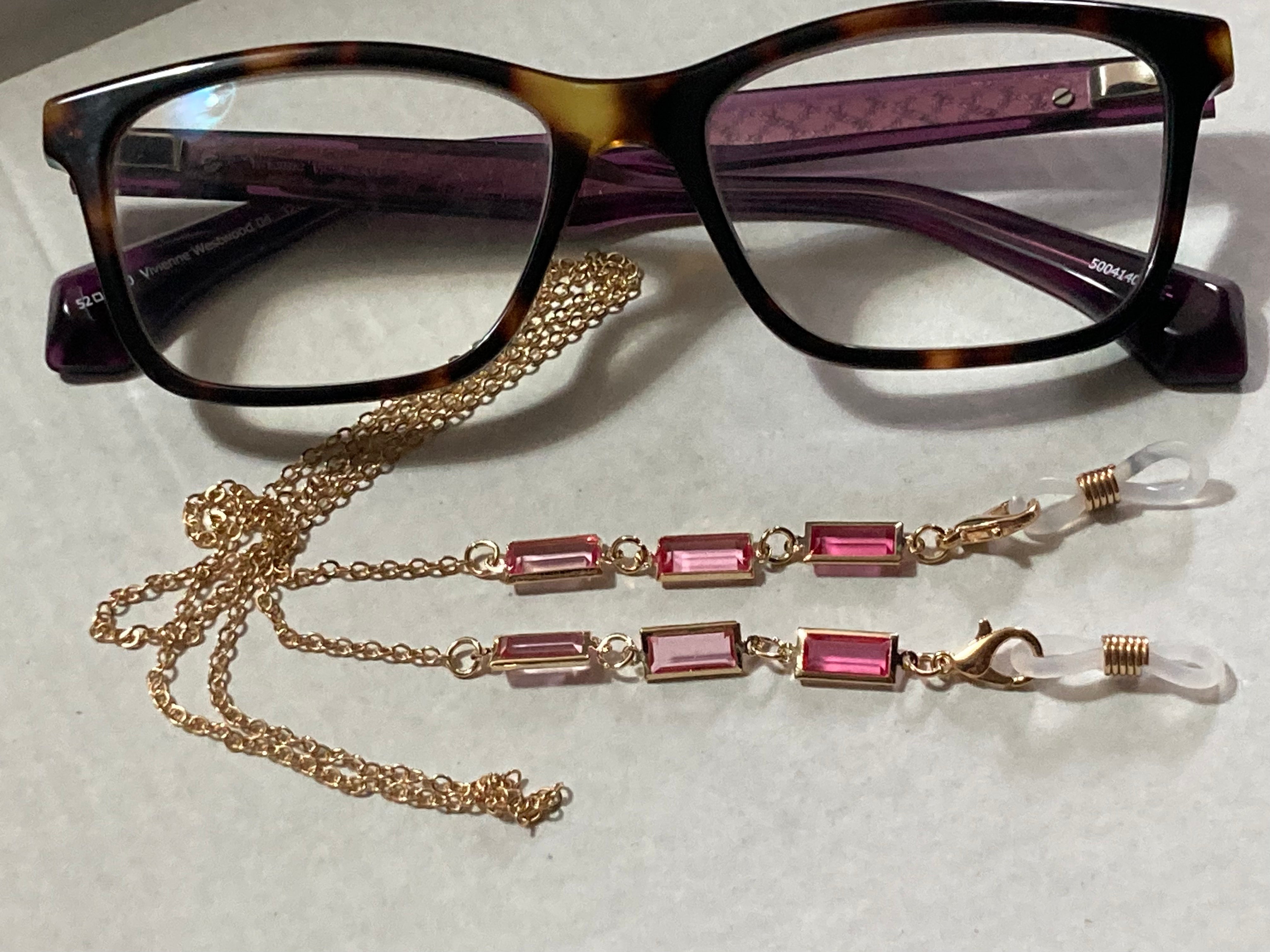 Sunglasses glasses gold chain with pink glass diamanté