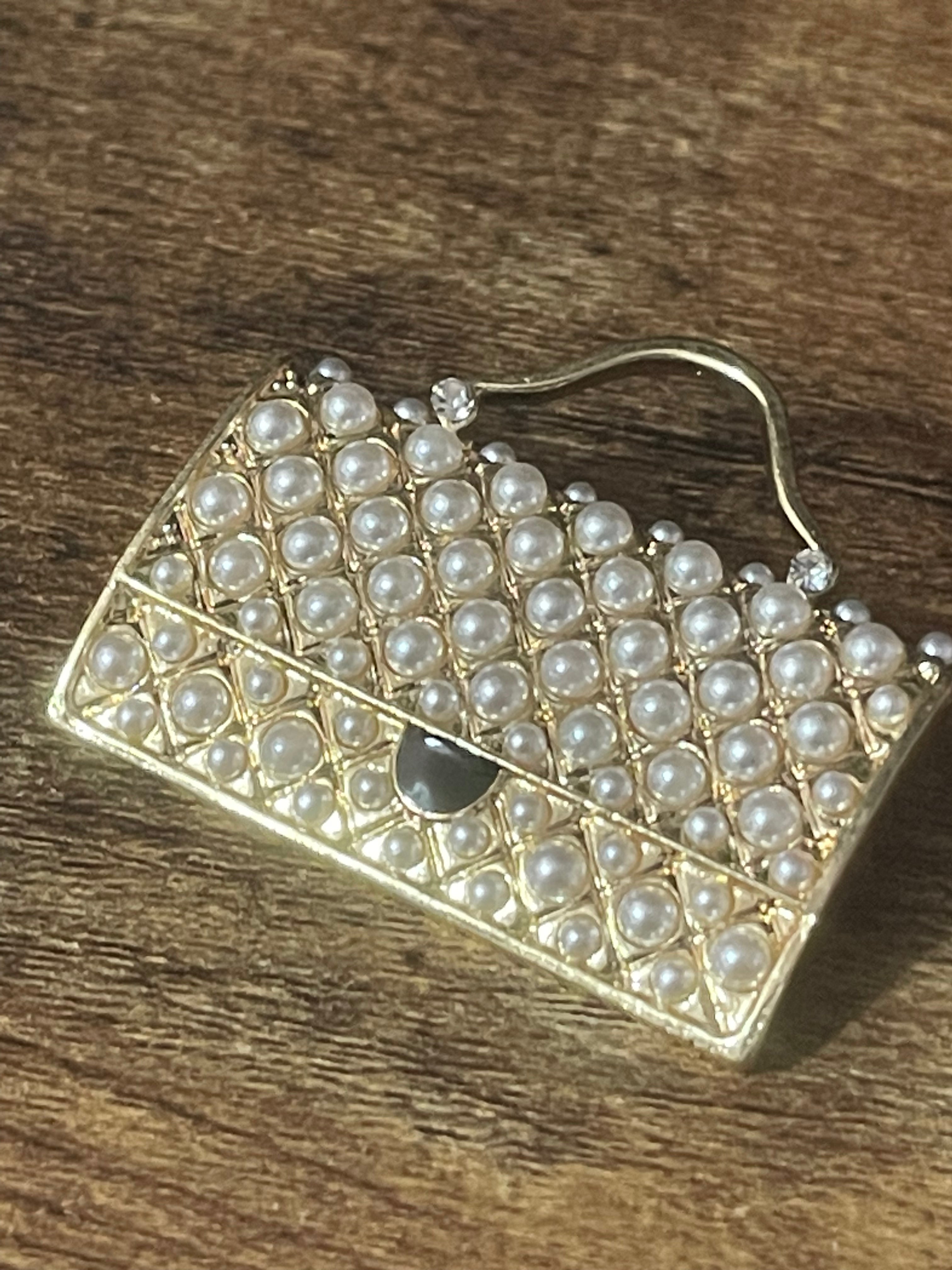 Novelty seed pearl handbag brooch gold tone