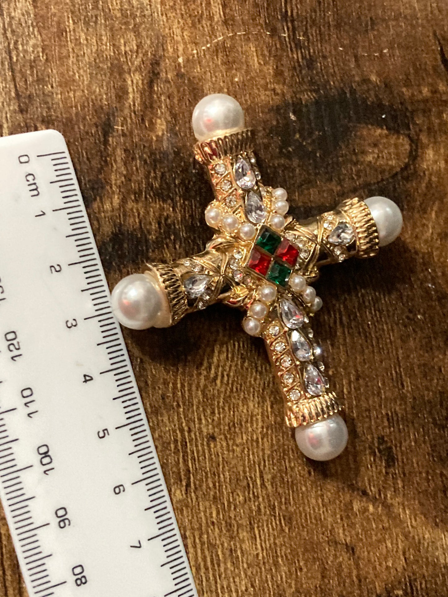 gold cross brooch and pendant with pearl and diamanté