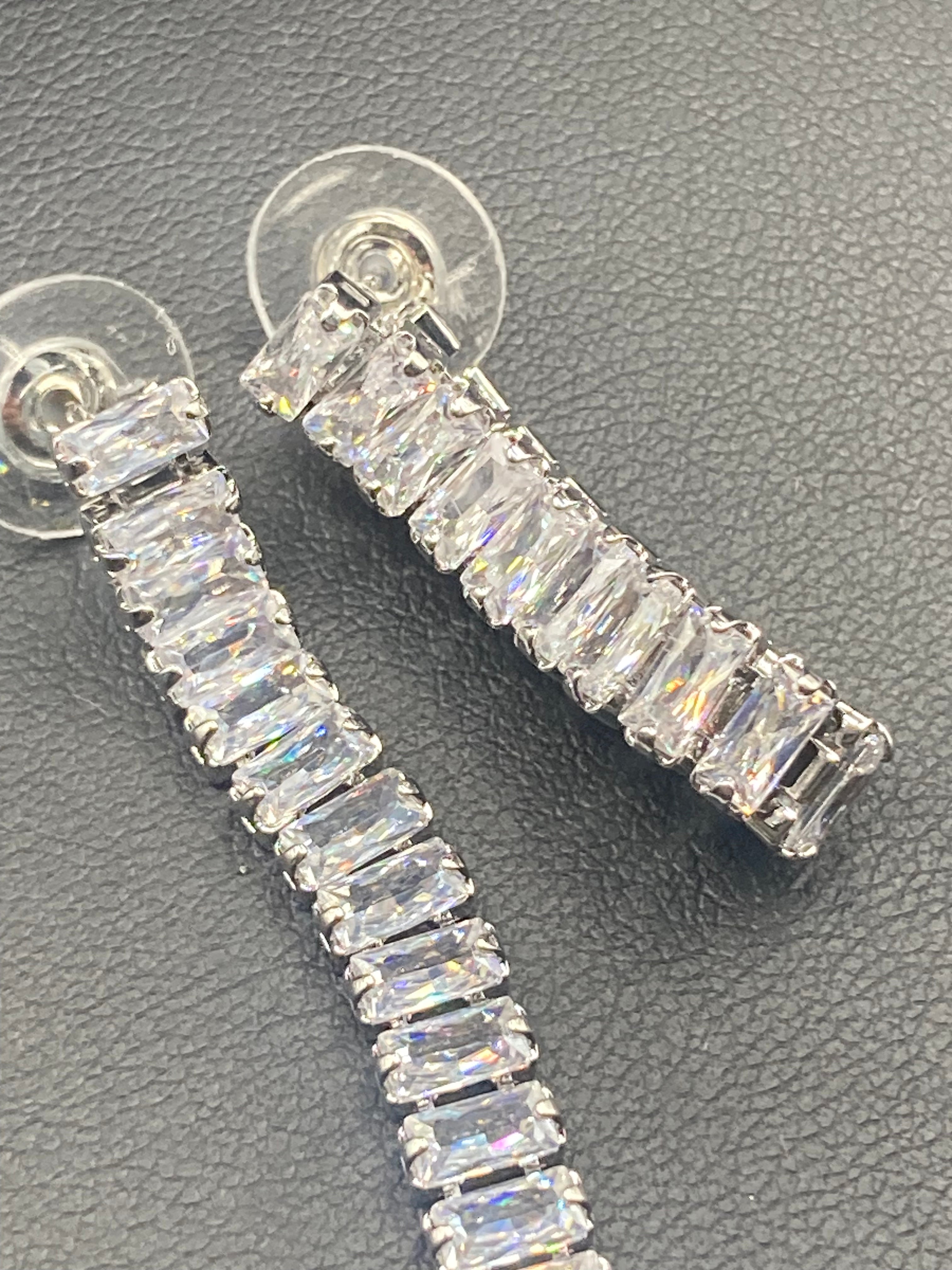 High End clear CZ earrings baguette Crystal diamanté White gold plated