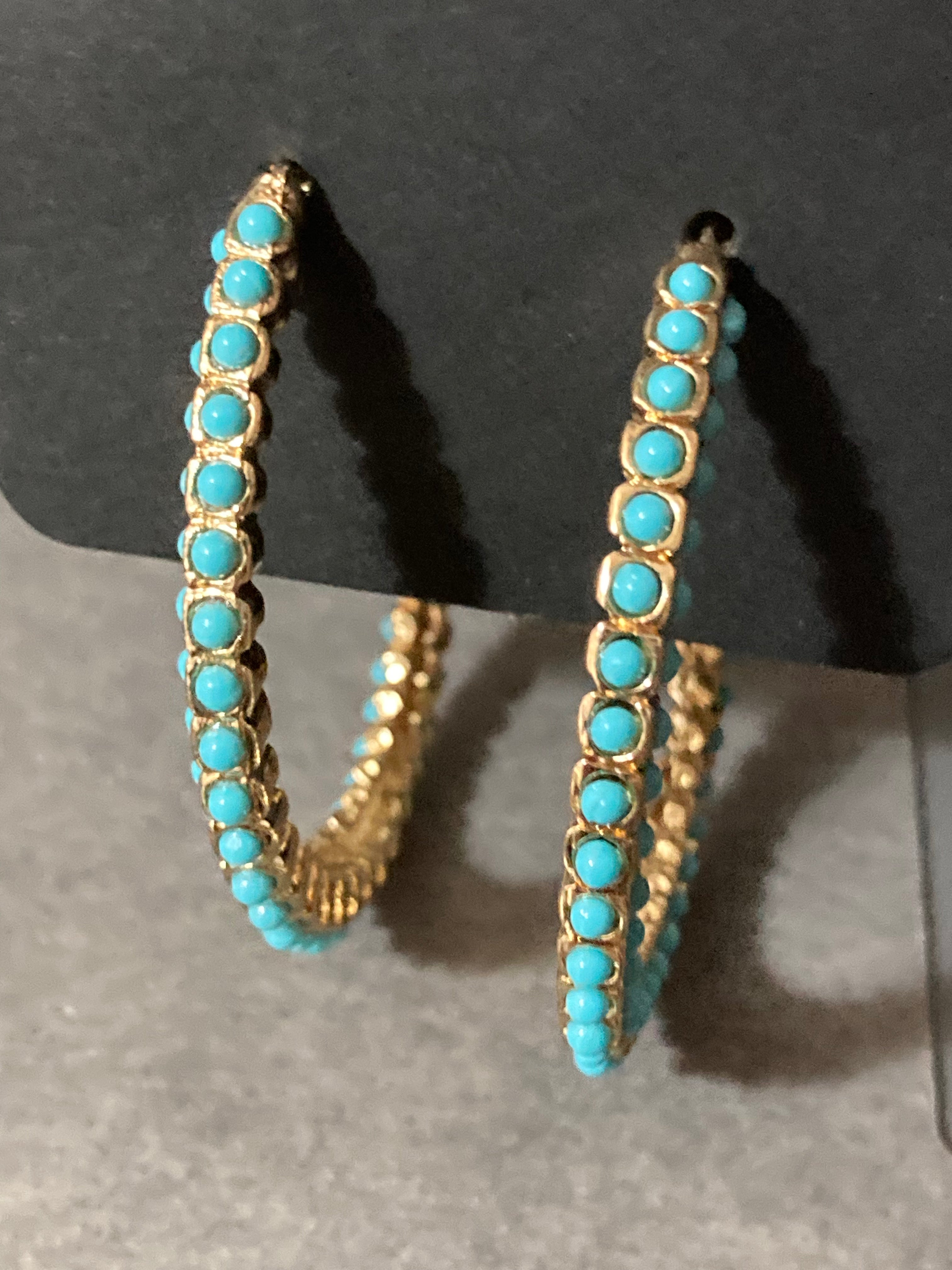 Large turquoise beaded gold hoop earrings