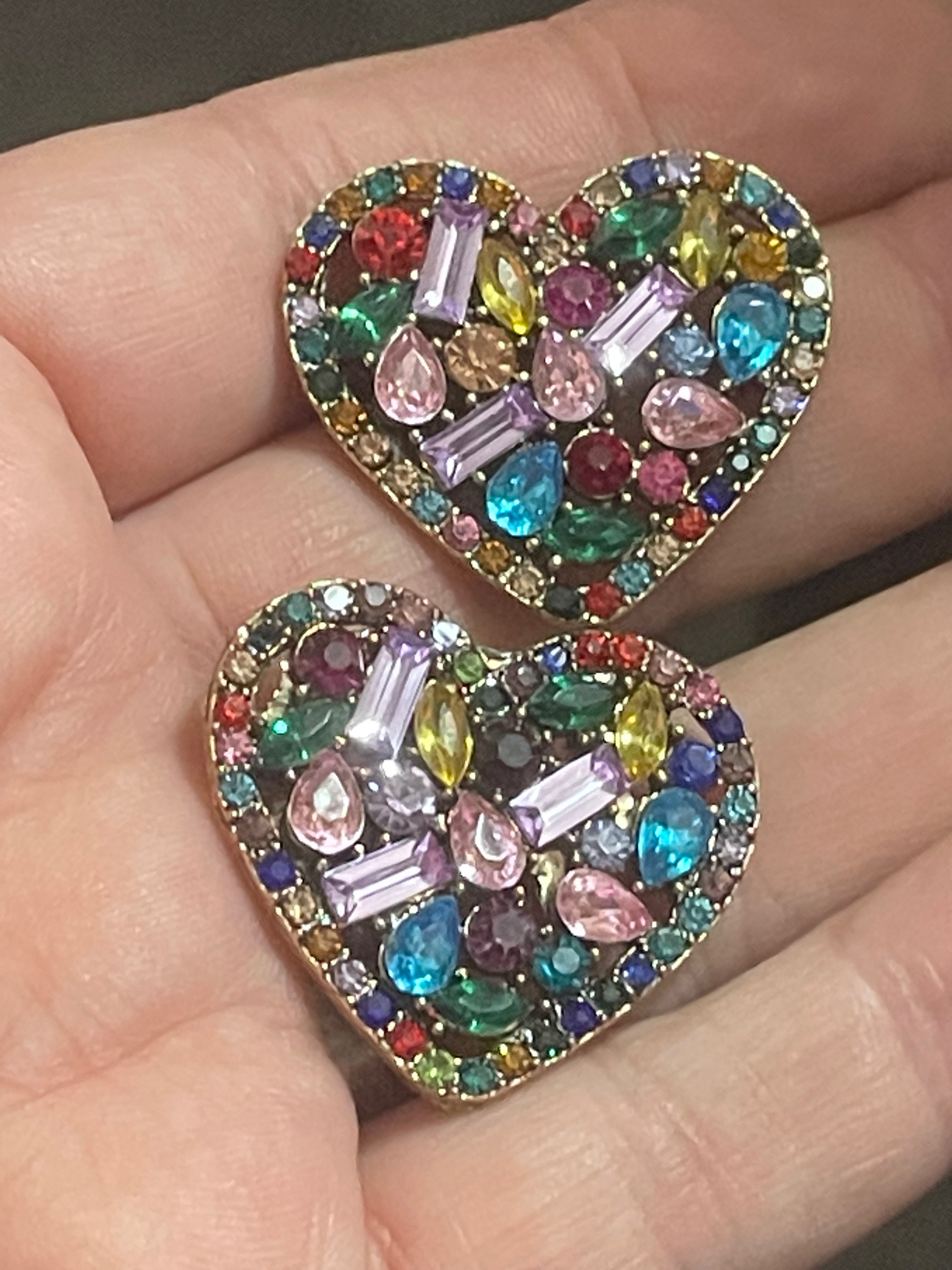 Large bright rainbow diamanté Crystal love heart earrings