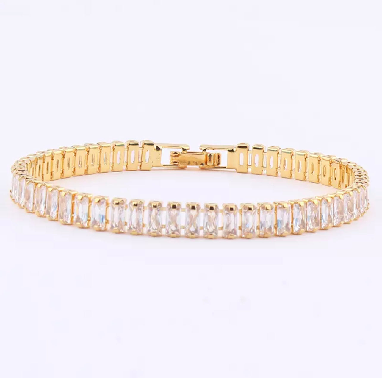 High End clear CZ tennis bracelet baguette Crystal diamanté gold plated